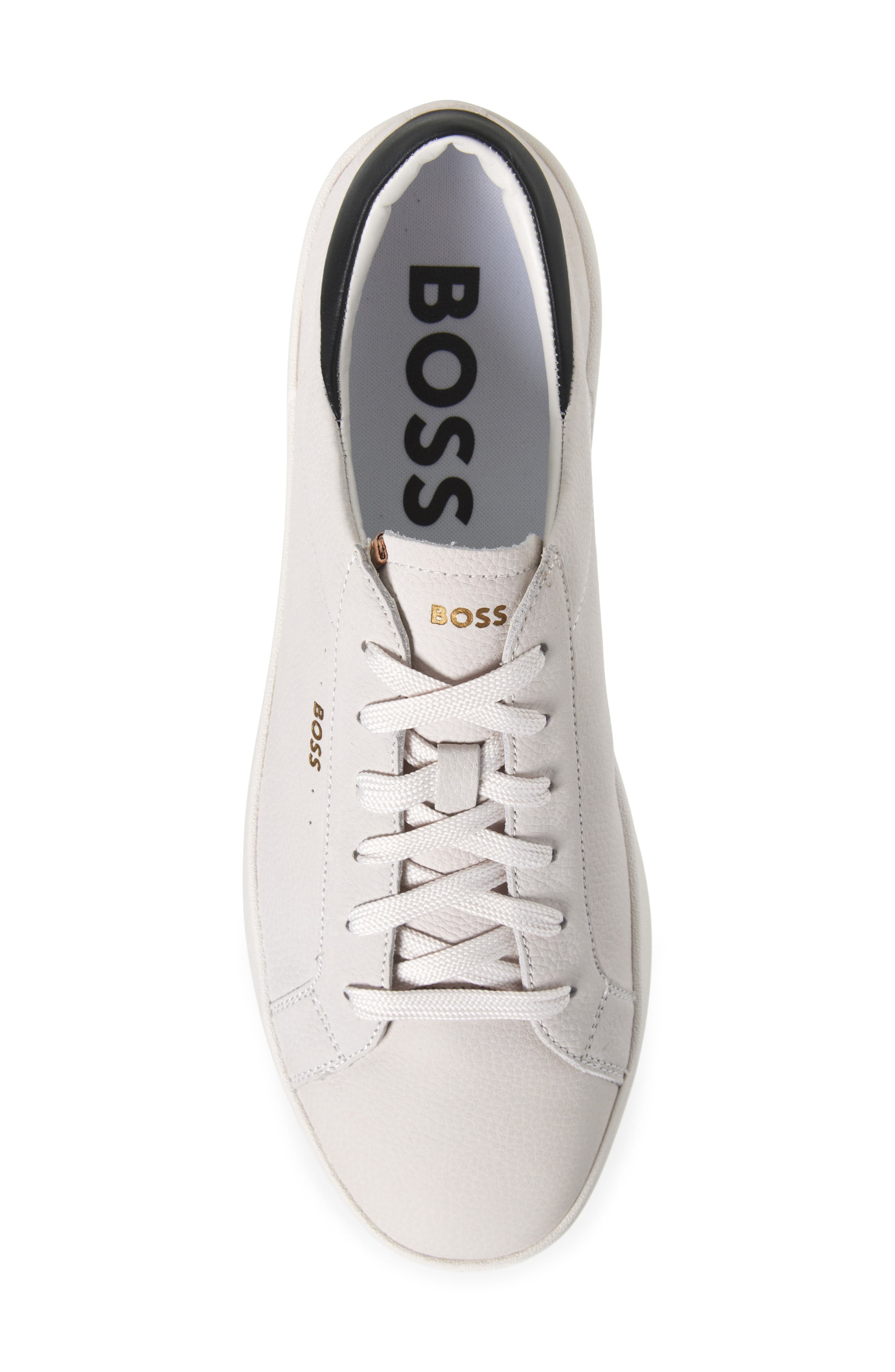 BOSS Belwar Low Top Pebbled Leather Sneaker in White /Black at Nordstrom - 5