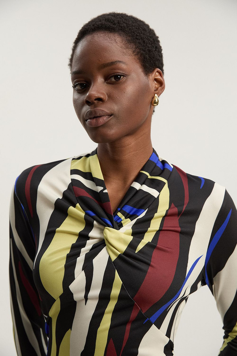 KAREN MILLEN Abstract Zebra Print Ruched Detail High Neck Long Sleeve Crepe Midi Dress outlook