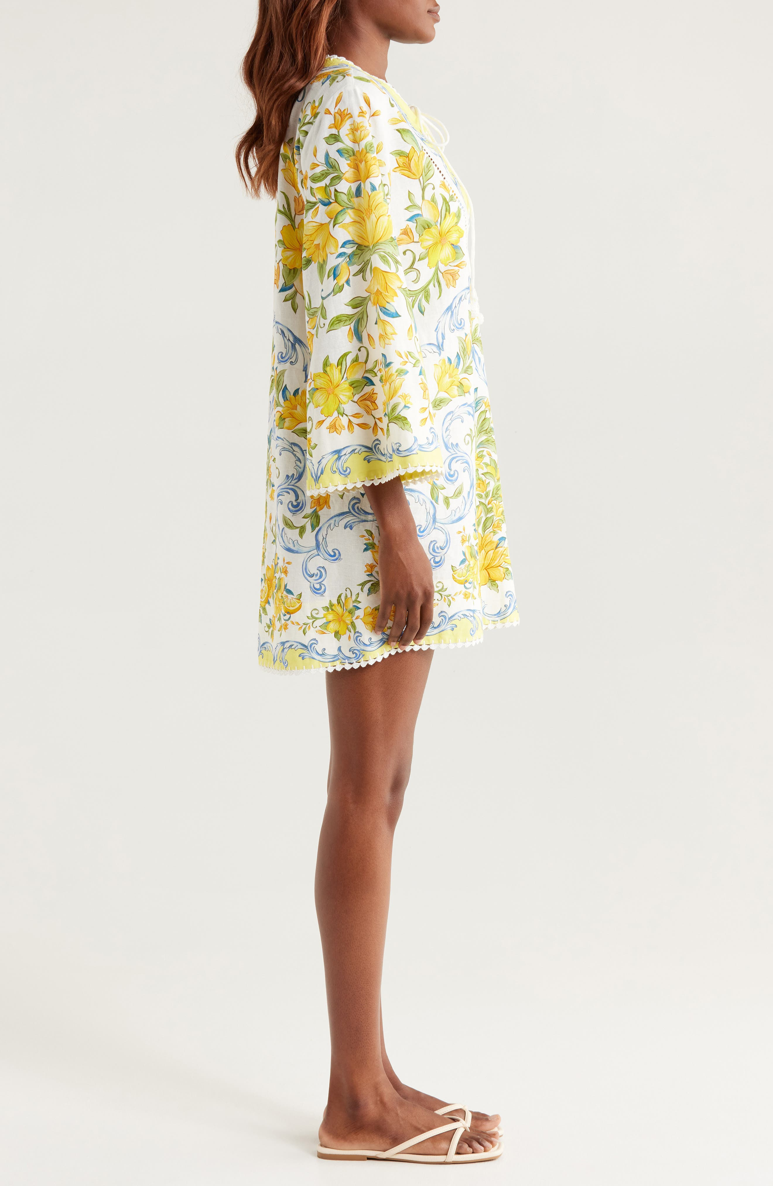 FARM Rio Sicily Floral Linen Blend Cover-Up Minidress in Off-White at Nordstrom - 3
