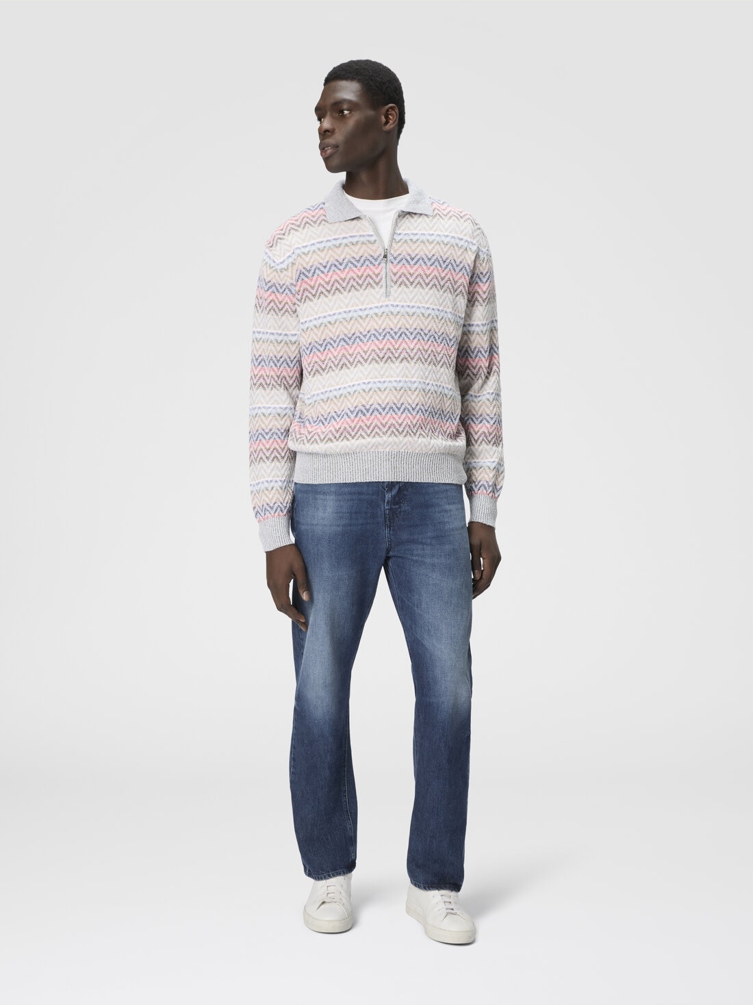 Long-sleeved zig zag knit polo shirt with half-zip collar - 2