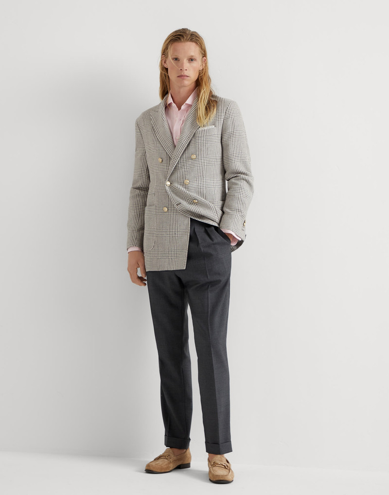 Linen, silk, wool and cotton Prince of Wales one-and-a-half breasted blazer with patch pockets and m 5