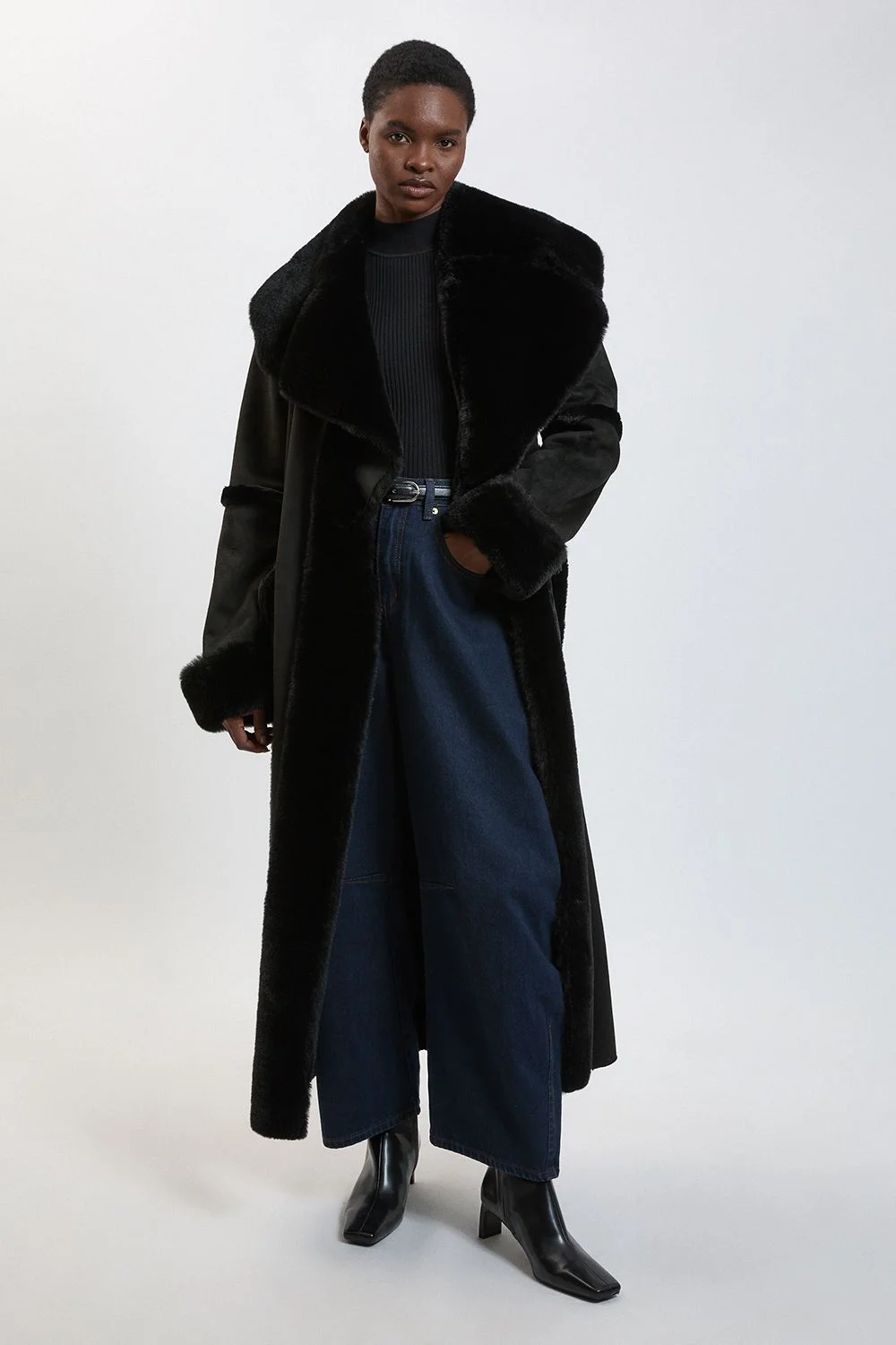 Faux Shearling Collar & Cuff Tie Belt Maxi Coat - 1