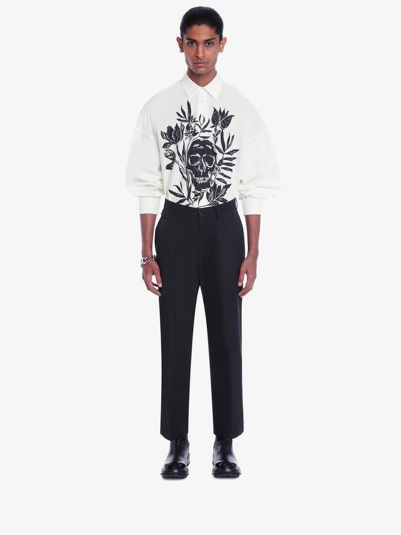 Skull Leaf Print Dropped Shoulder Poplin Shirt in White/black - 2