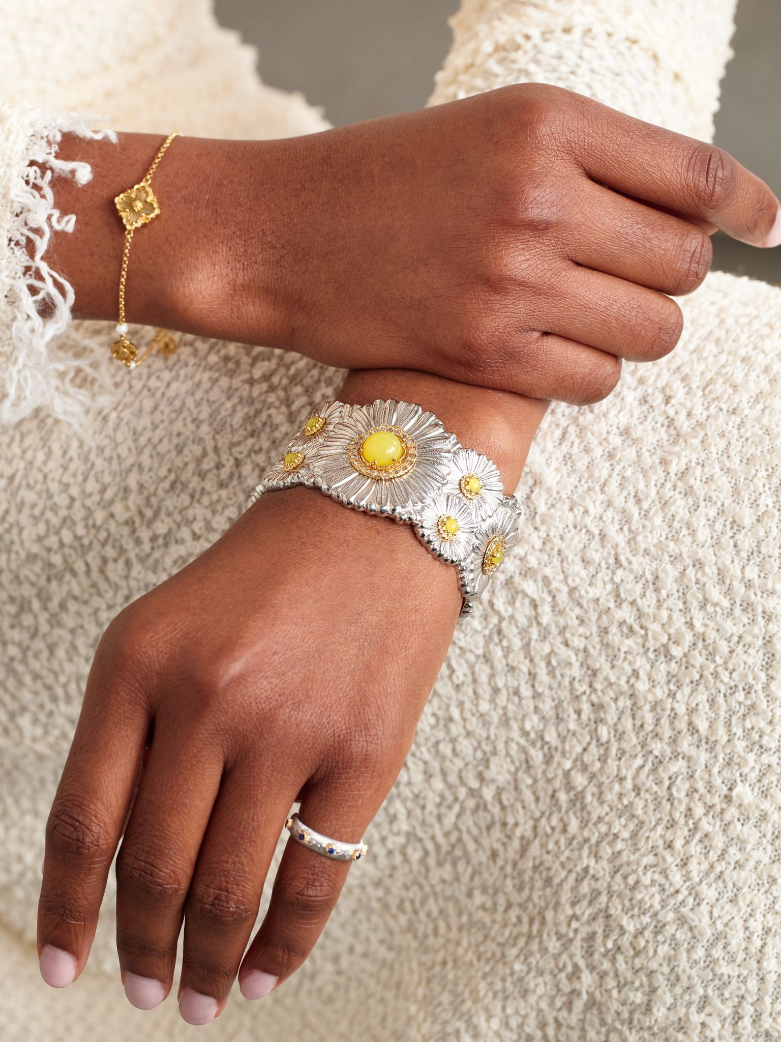 Blossoms Daisy sterling silver and gold vermeil, agatha and diamond cuff Silver - 4