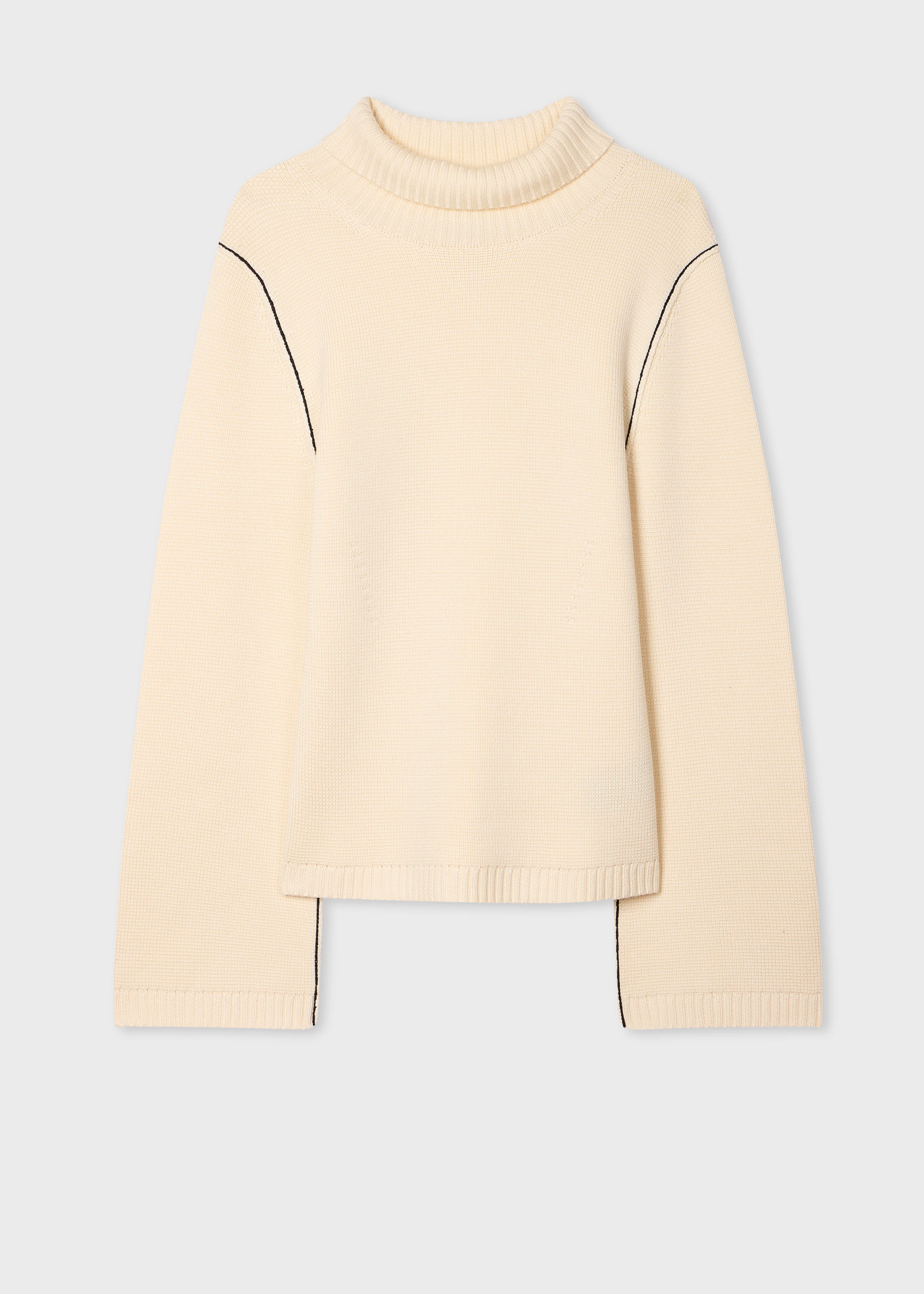 Women's Ecru Roll Neck Knitted Sweater with Contrast Stitching - 1