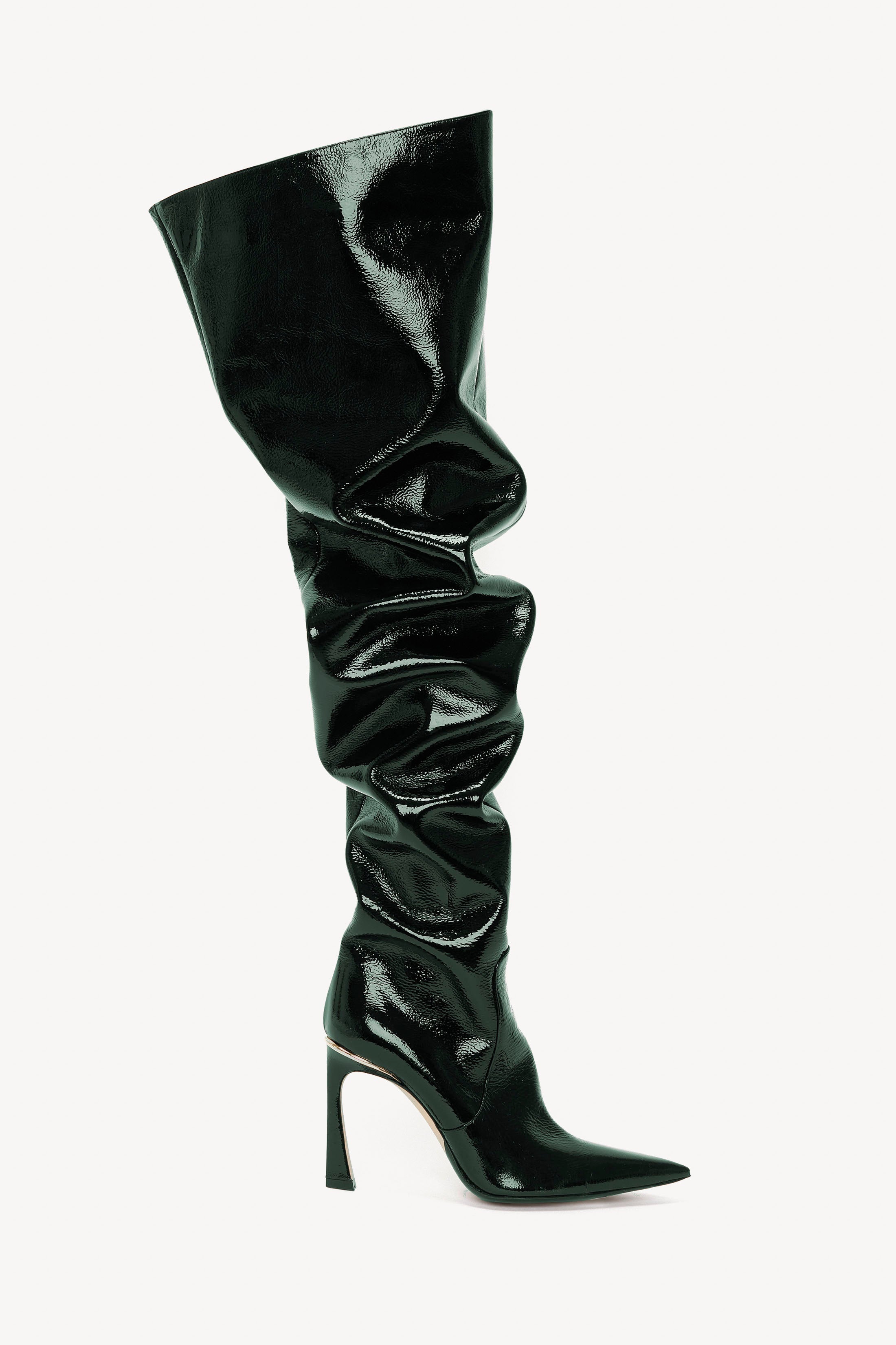 Thigh High Pointy Boot in Dark Green Grained Patent - 1
