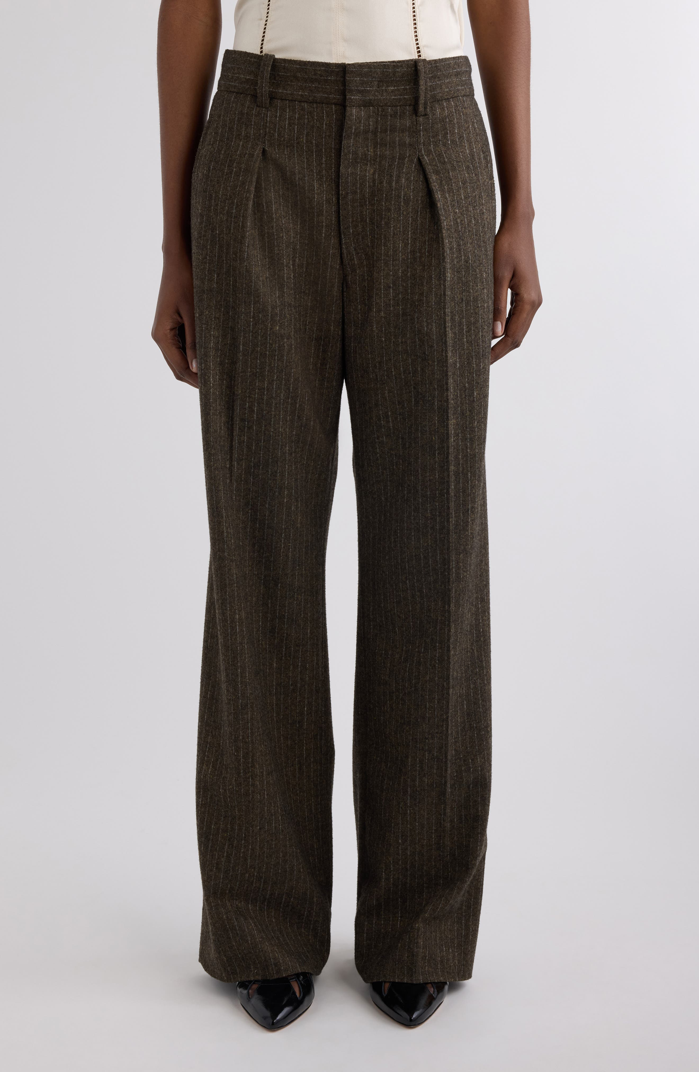 Isabel Marant Lisetta Pinstripe Pleated Wide Leg Wool Blend Trousers in Dark Khaki at Nordstrom - 1
