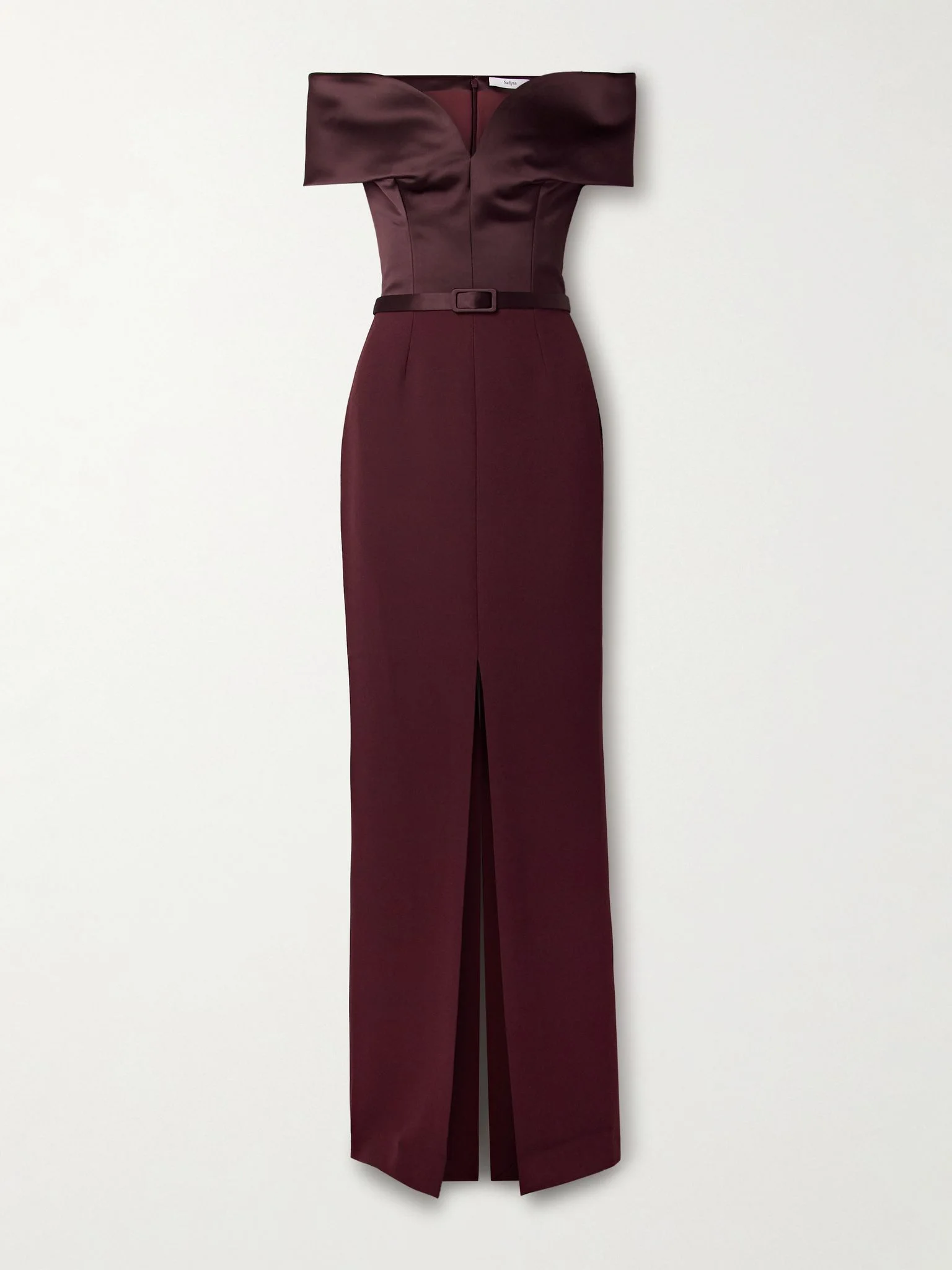 Ebren off-the-shoulder belted duchesse satin-trimmed crepe gown Burgundy - 1