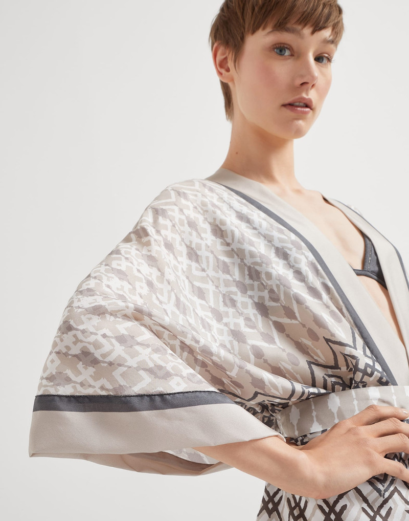Silk ethnic print pongée kimono with monili 3