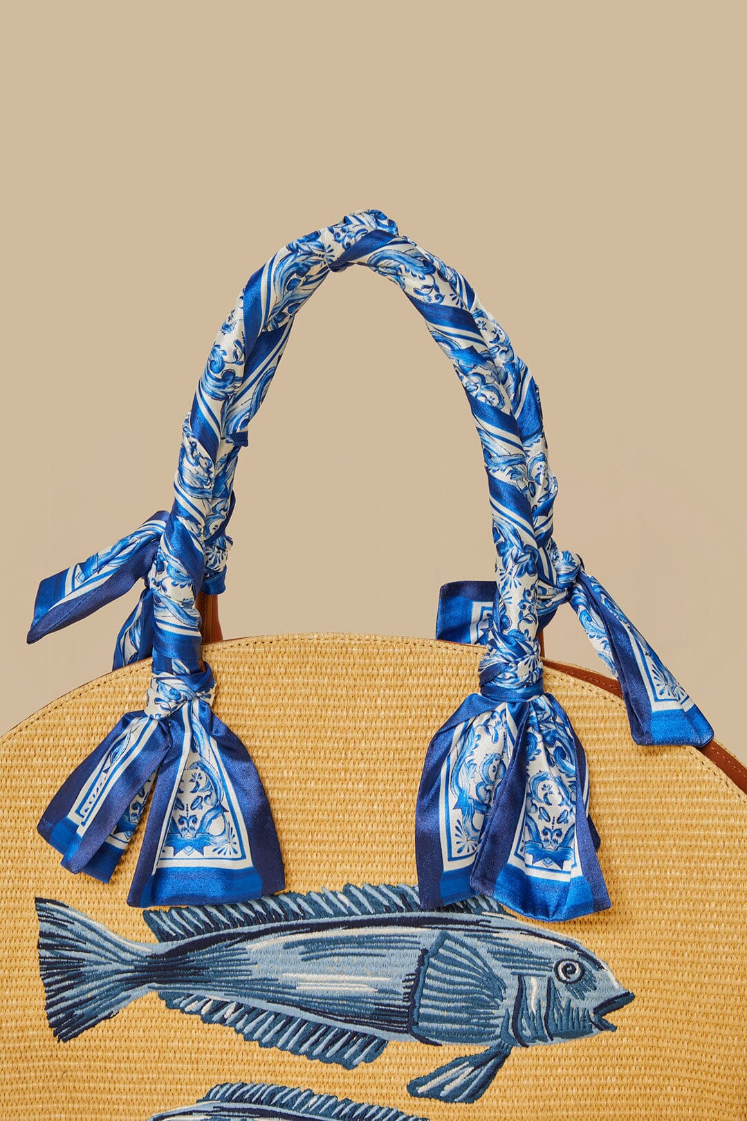 Blue Garden Tiles Raffia Shell Tote - 7