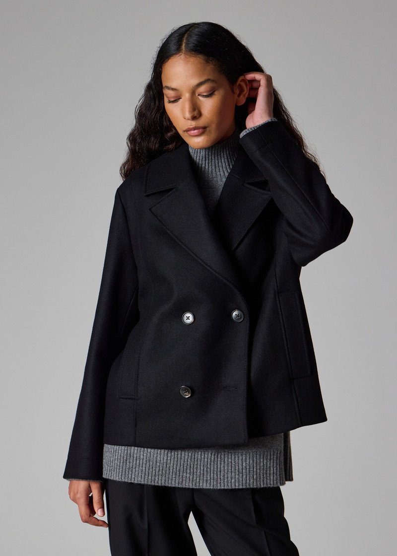Women's Black Wool-Cashmere Blend Short Pea Coat 8