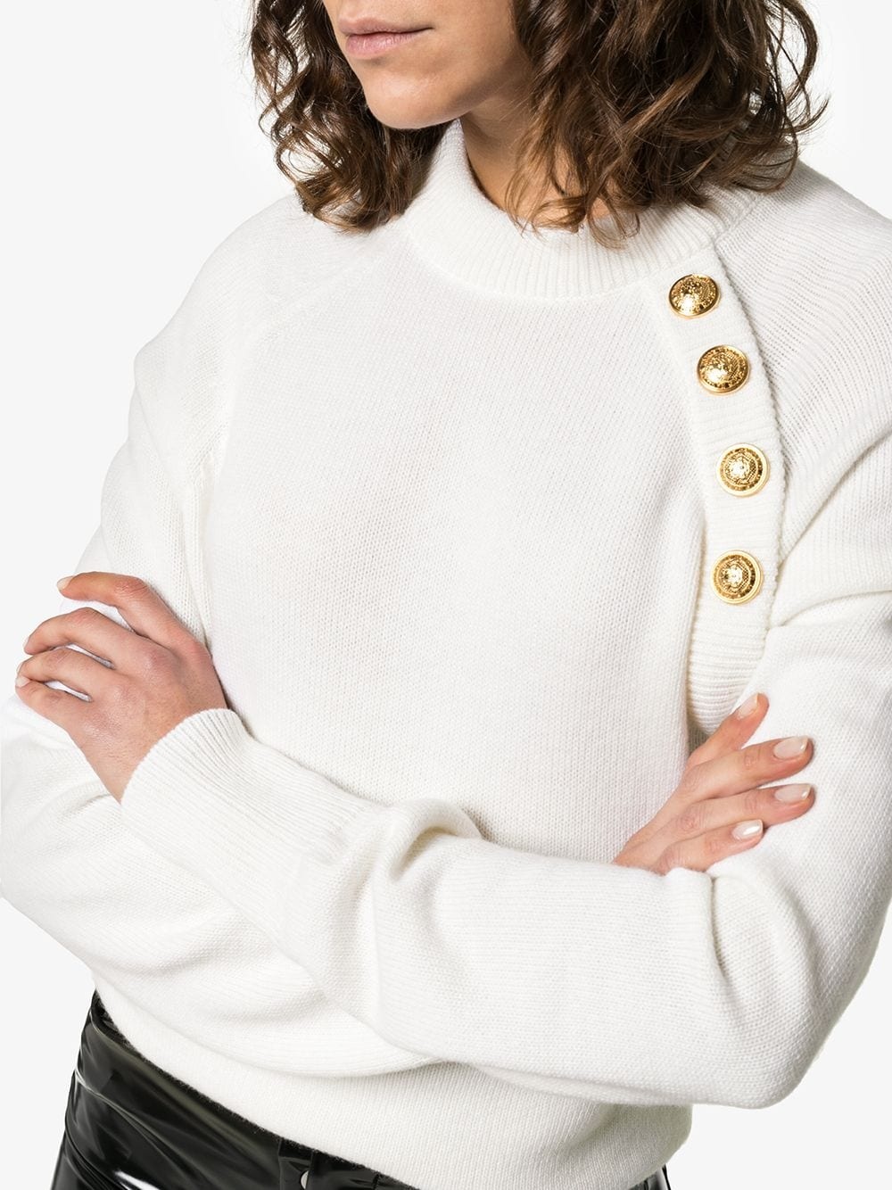 long-sleeved knitted cashmere gold button sweater - 5