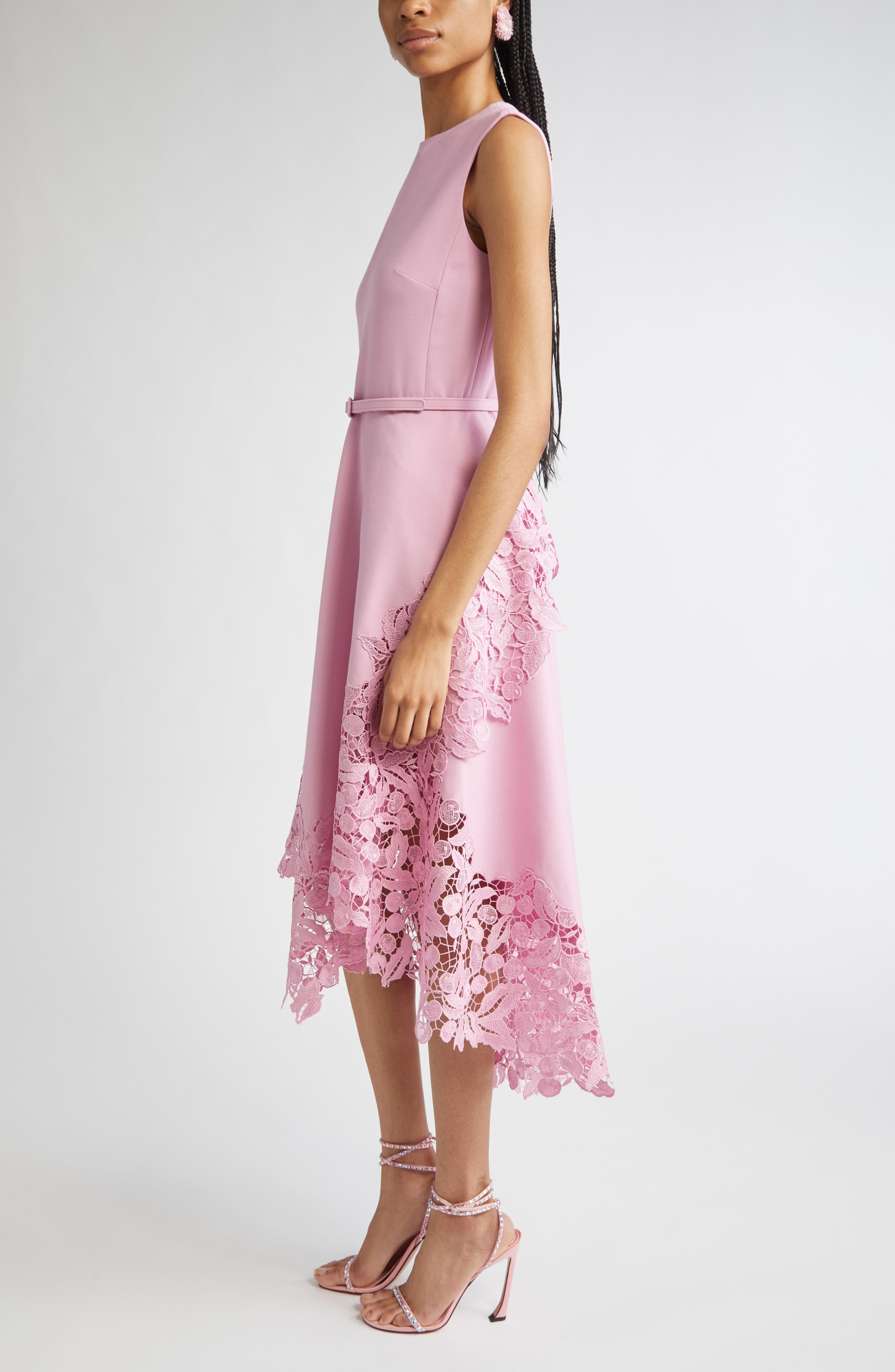 Oscar de la Renta Cherry Blossom Guipure Lace Trim Belted Midi Dress in Lily at Nordstrom - 3