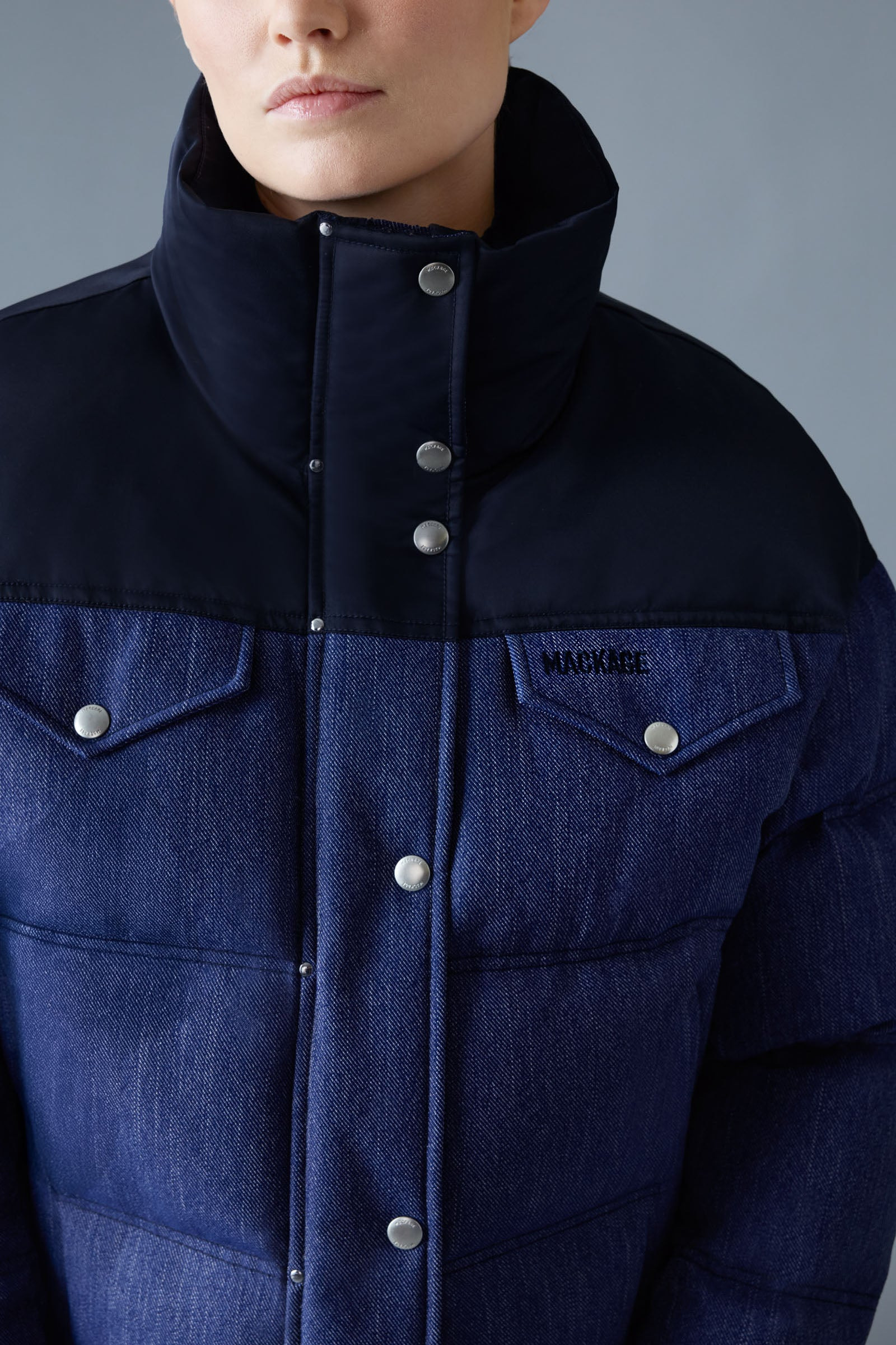 BRIGIT-DNM Quilted Denim Down Jacket with Contrast Satin Yoke - 5