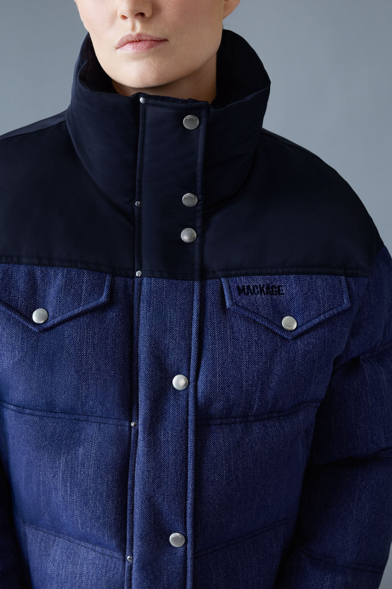 BRIGIT-DNM Quilted Denim Down Jacket with Contrast Satin Yoke 5