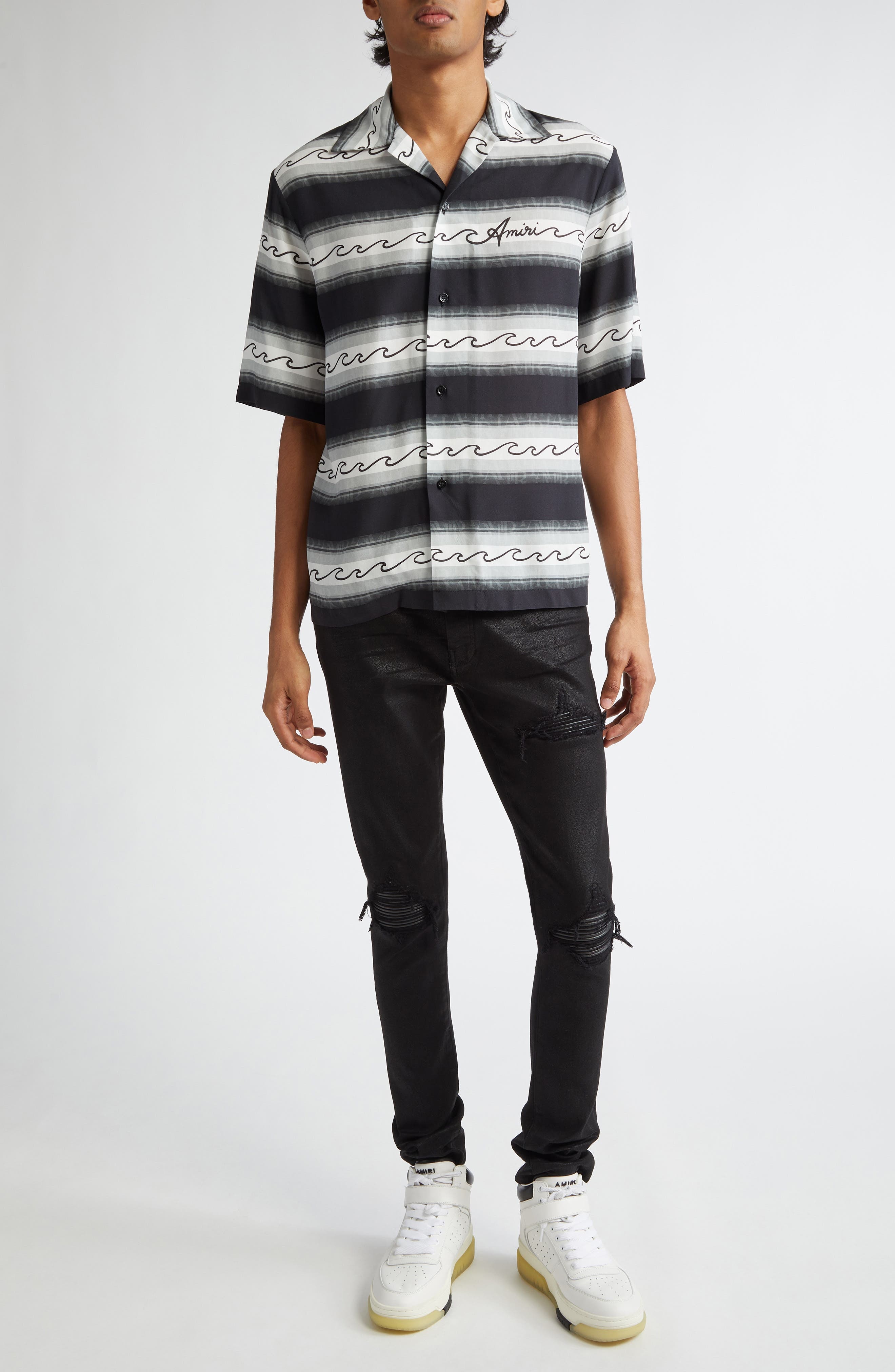 AMIRI WAX MX1 Leather Patched Distressed Jeans in Black at Nordstrom - 2