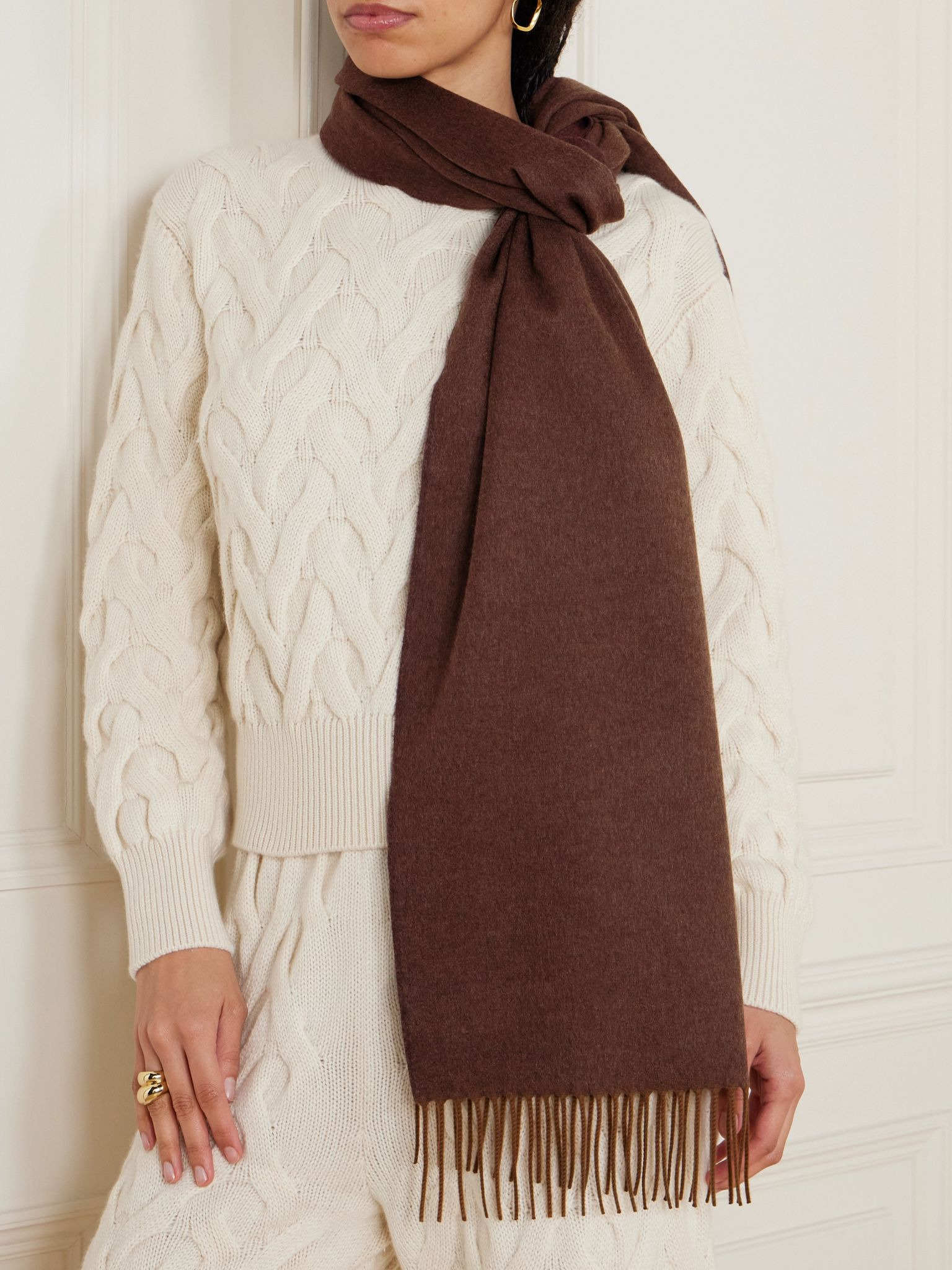 Fringed two-tone cashmere scarf Brown - 2