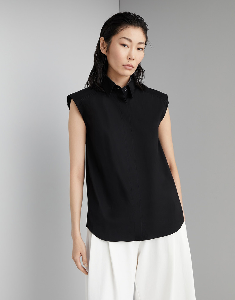 Stretch cotton poplin sleeveless shirt with shiny collar 1