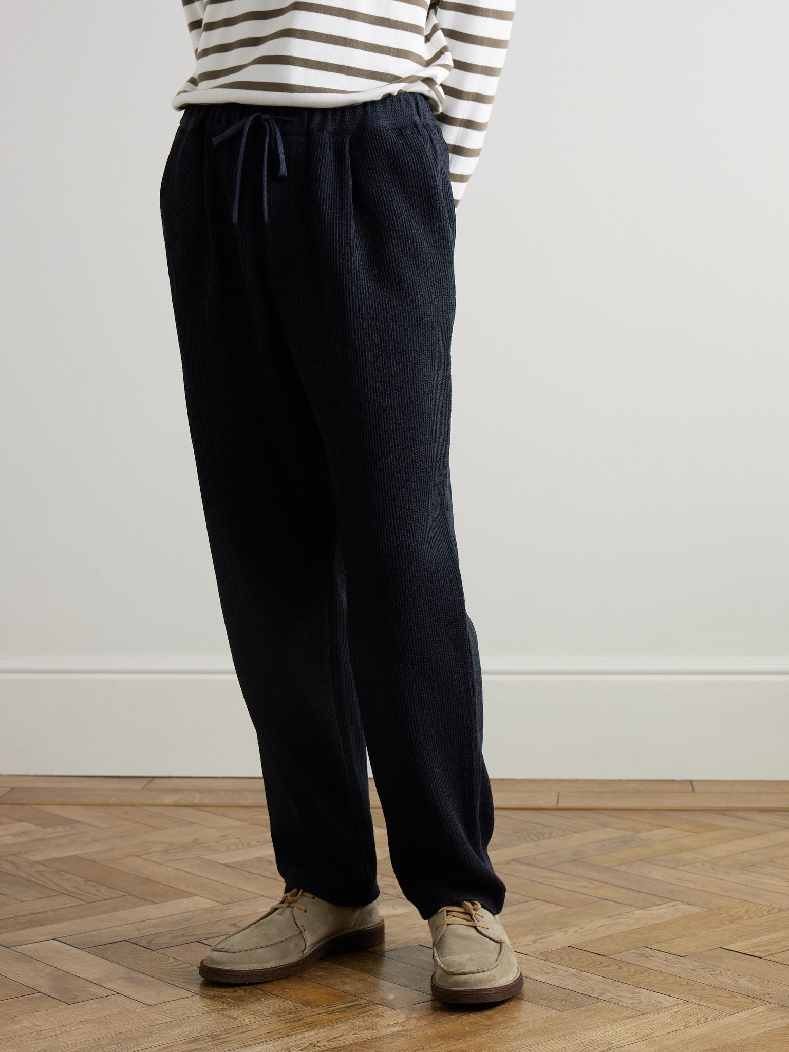 Straight-Leg Ribbed-Knit Drawstring Trousers Navy - 3