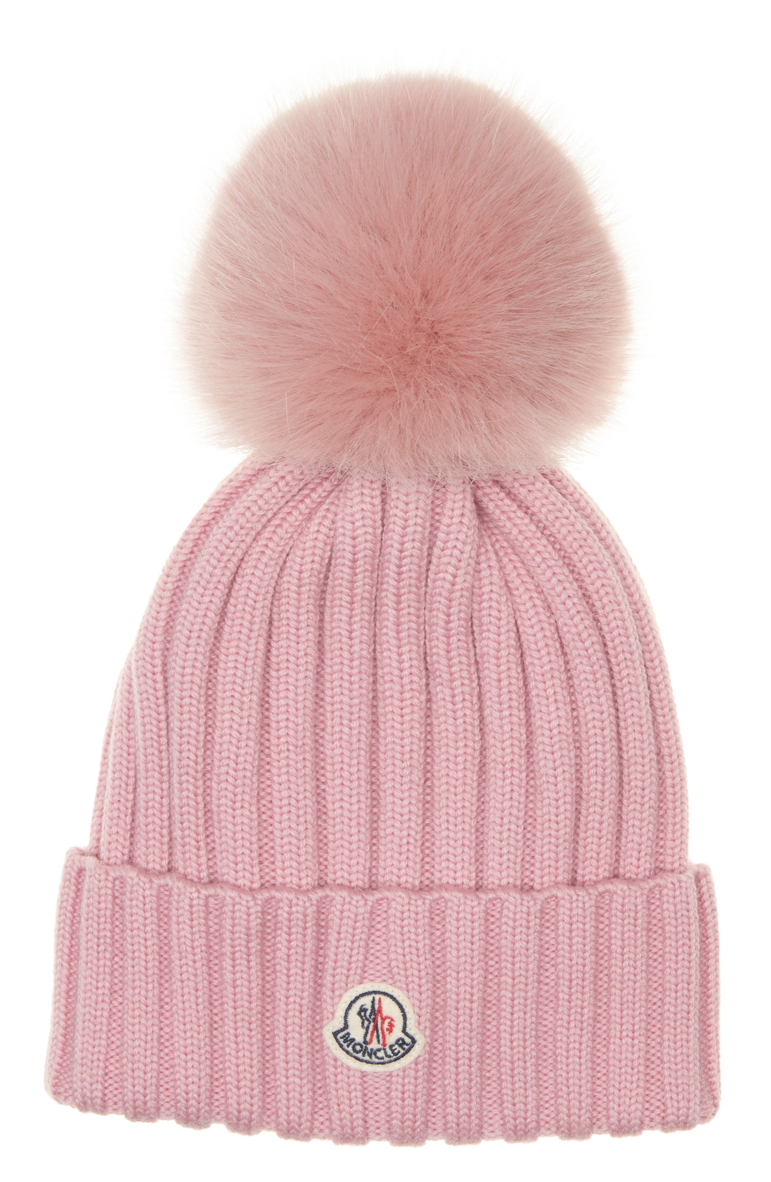 Moncler Virgin Wool Rib Beanie with Faux Fur Pompom in Smooth Rose at Nordstrom - 1