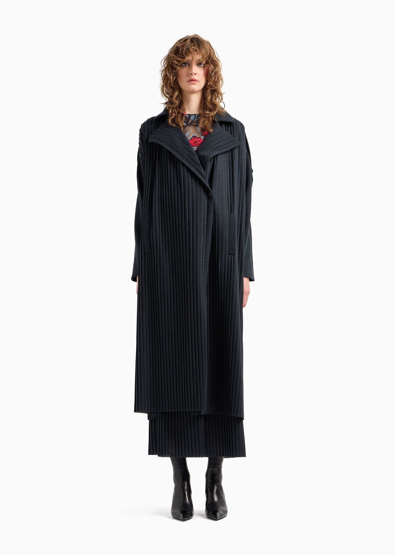 Pleated wool jersey long trench coat - 2