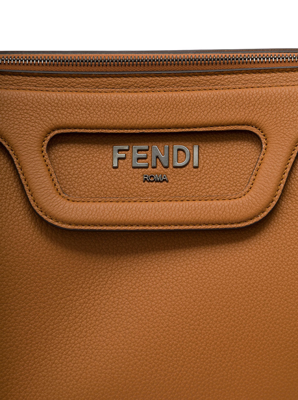 Fendi Men 'Duffle' Brown Handlebag With Front Metal Logo In Full-Grain Leather - 4