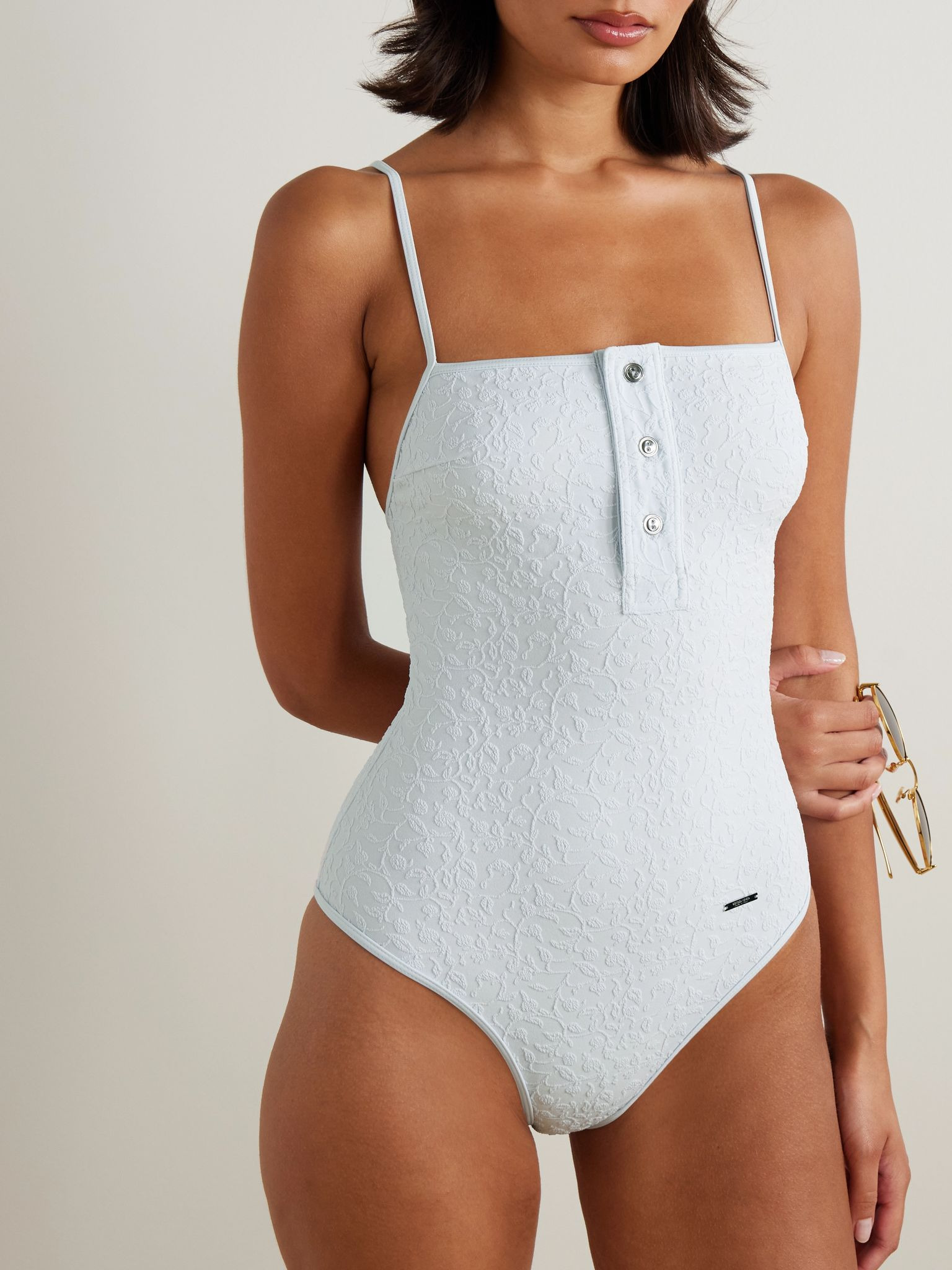 Button-detailed floral cloqué swimsuit Blue - 2