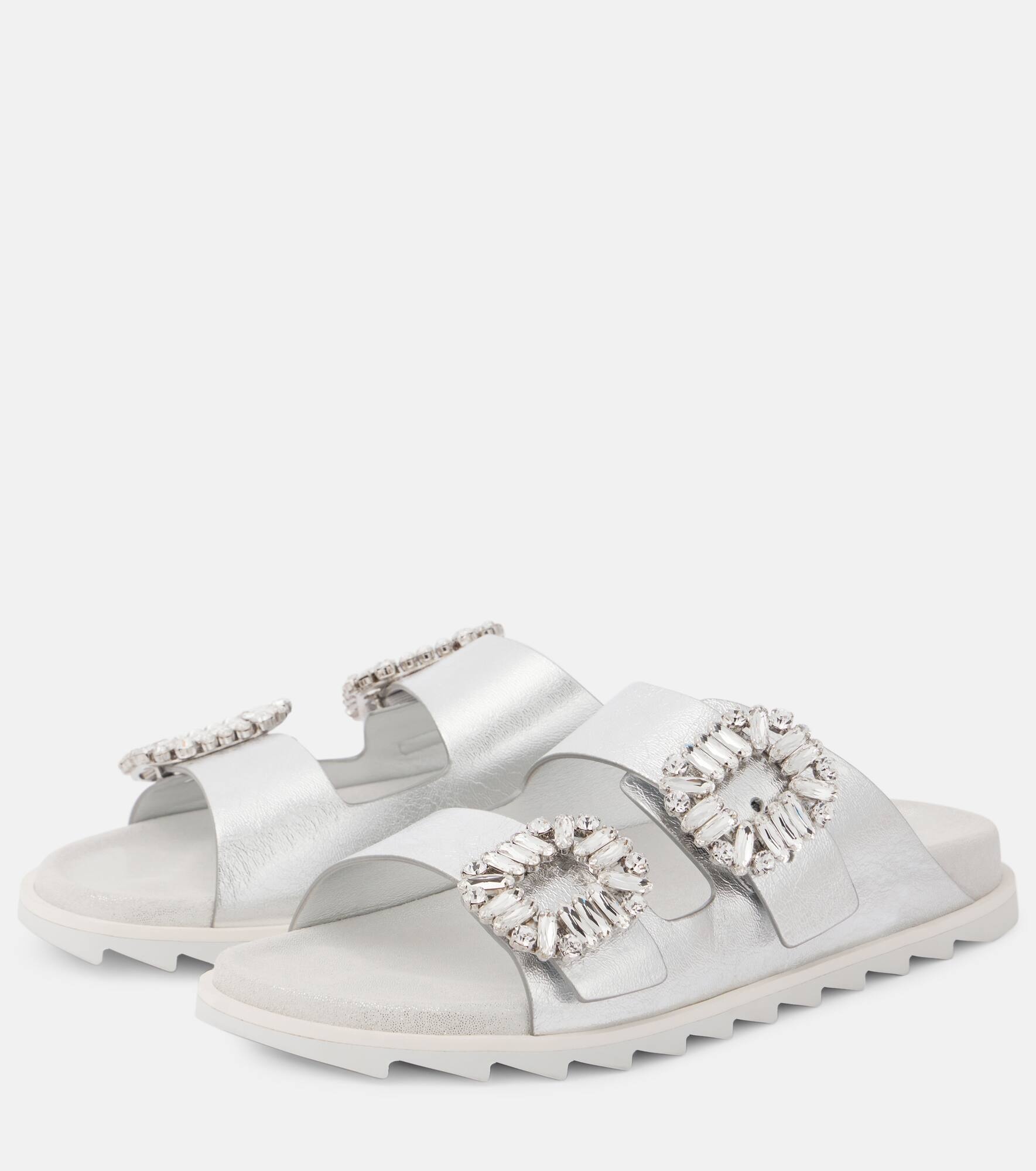 Crystal-embellished metallic leather slides - 4