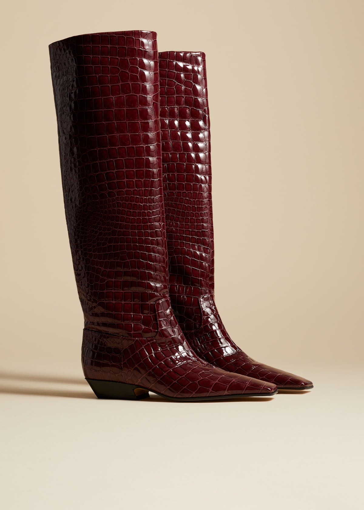 The Marfa Knee-High Boot in Bordeaux Croc-Embossed Leather - 2