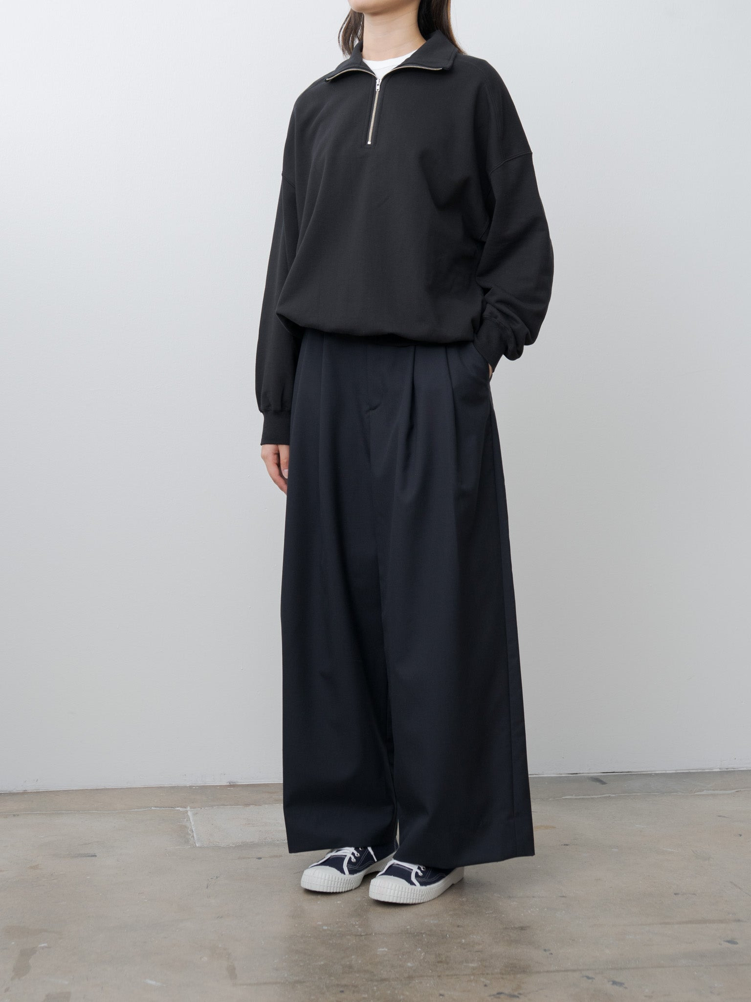 Wool Tropical Wide Easy Pants - Navy - 2