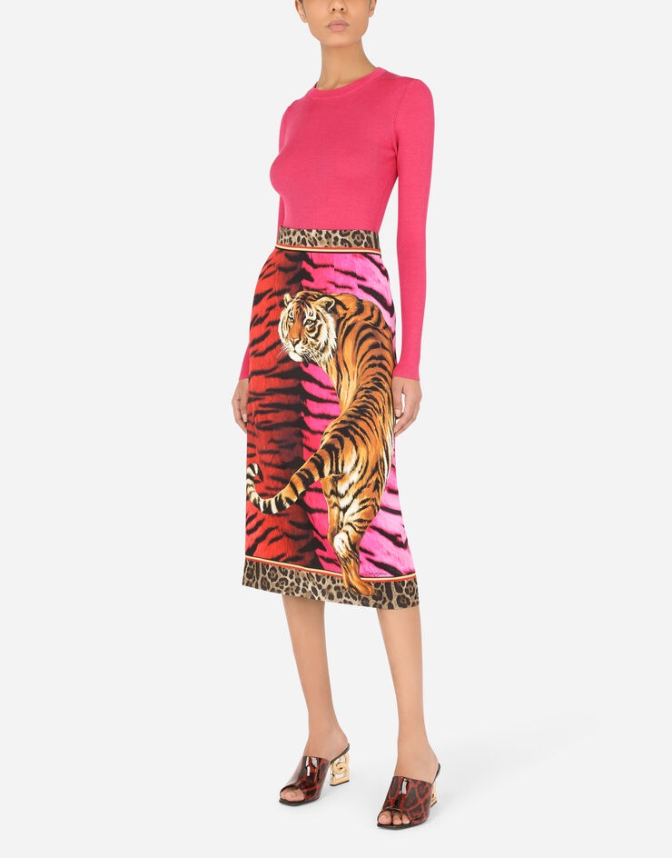 Charmeuse midi pencil skirt with tiger print - 6