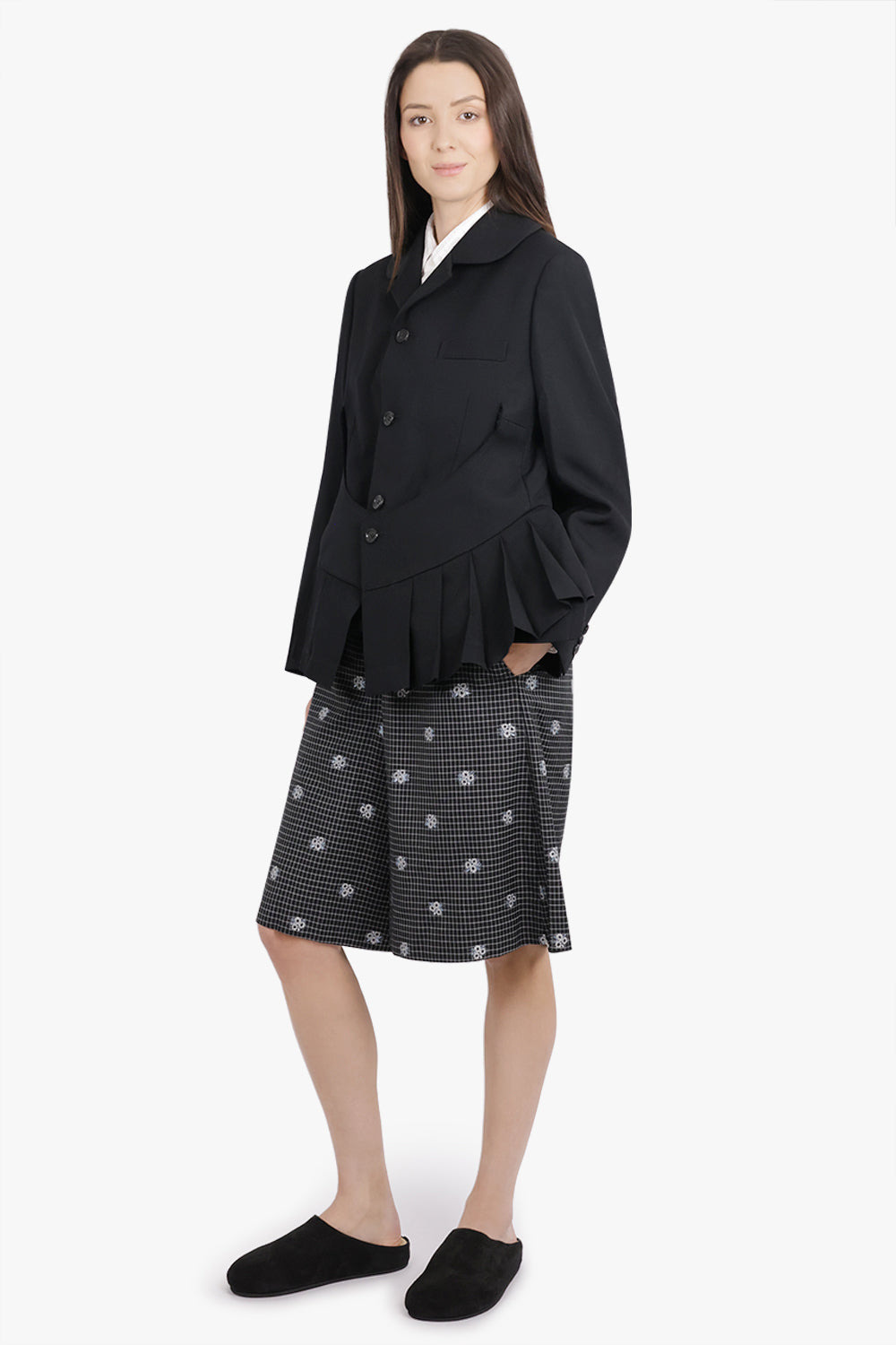LAYERED ROUNDED SLIT JACKET WITH PLEATED PEPLUM DETAIL | BLACK - 2
