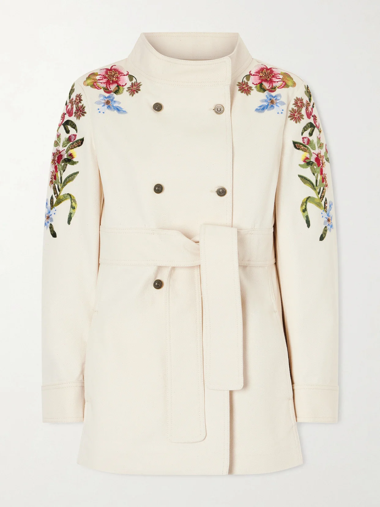 Belted Embellished Embroidered Denim Jacket - 1