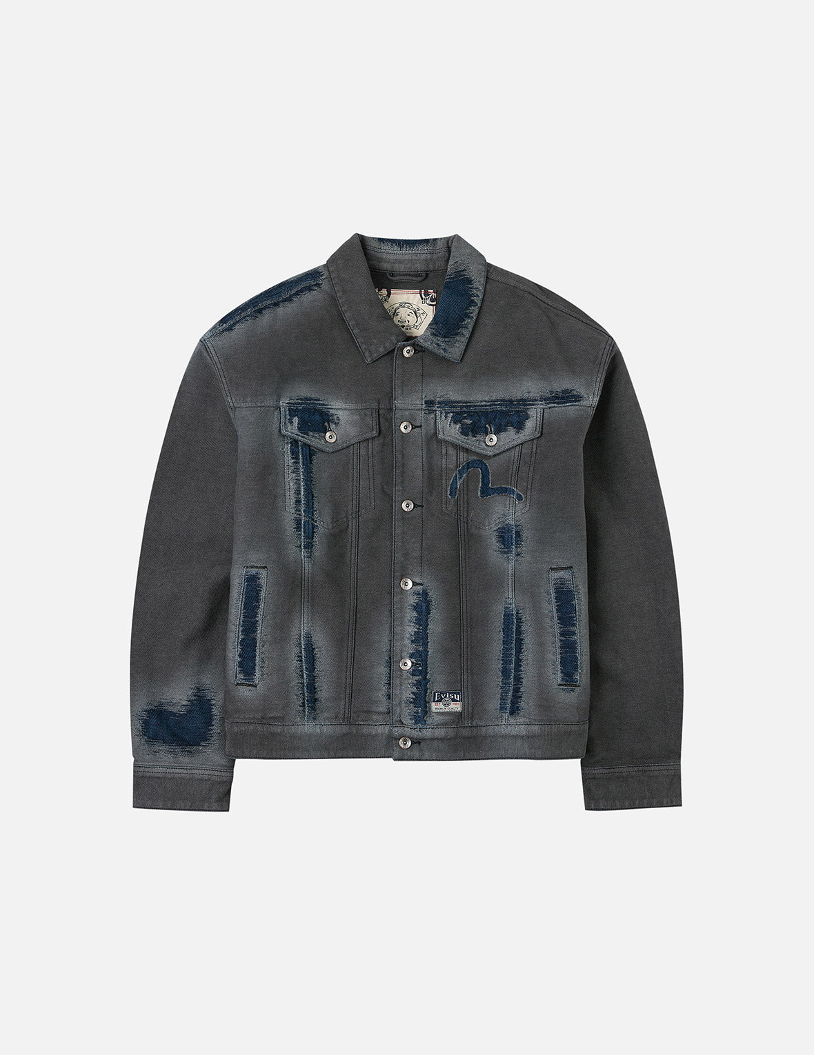 Distressed Seagull and Logo Print Relax Fit Washed Denim Jacket - 3
