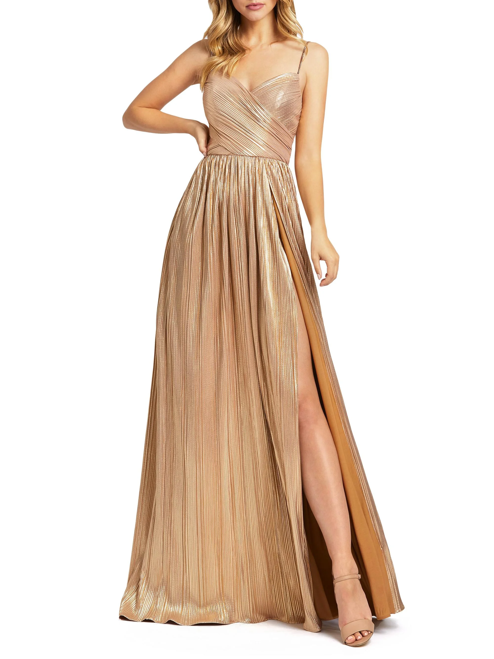 Women's Metallic Ruched A-Line Gown - Gold - 1