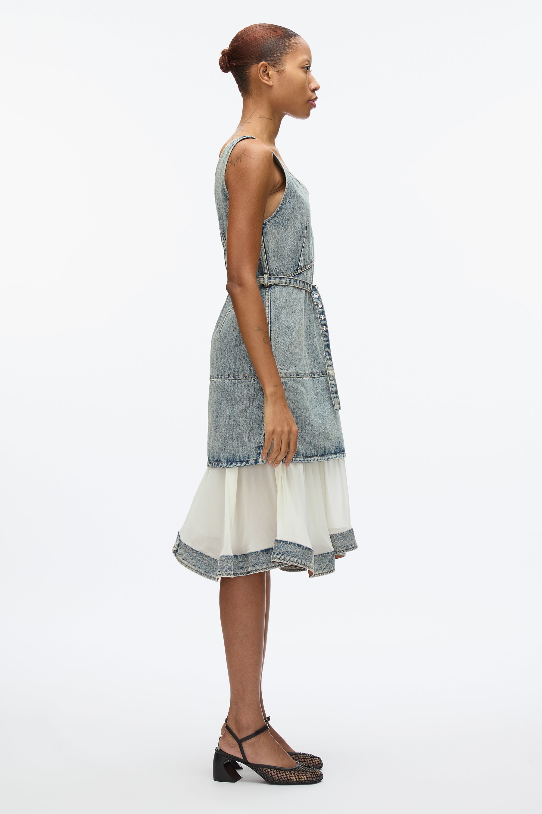Denim V Neck Dress with Chiffon Hem - 3