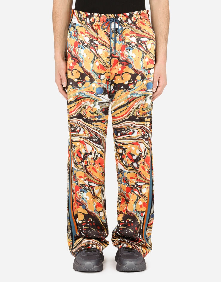 Satin jogging pants with blue marbled print - 1