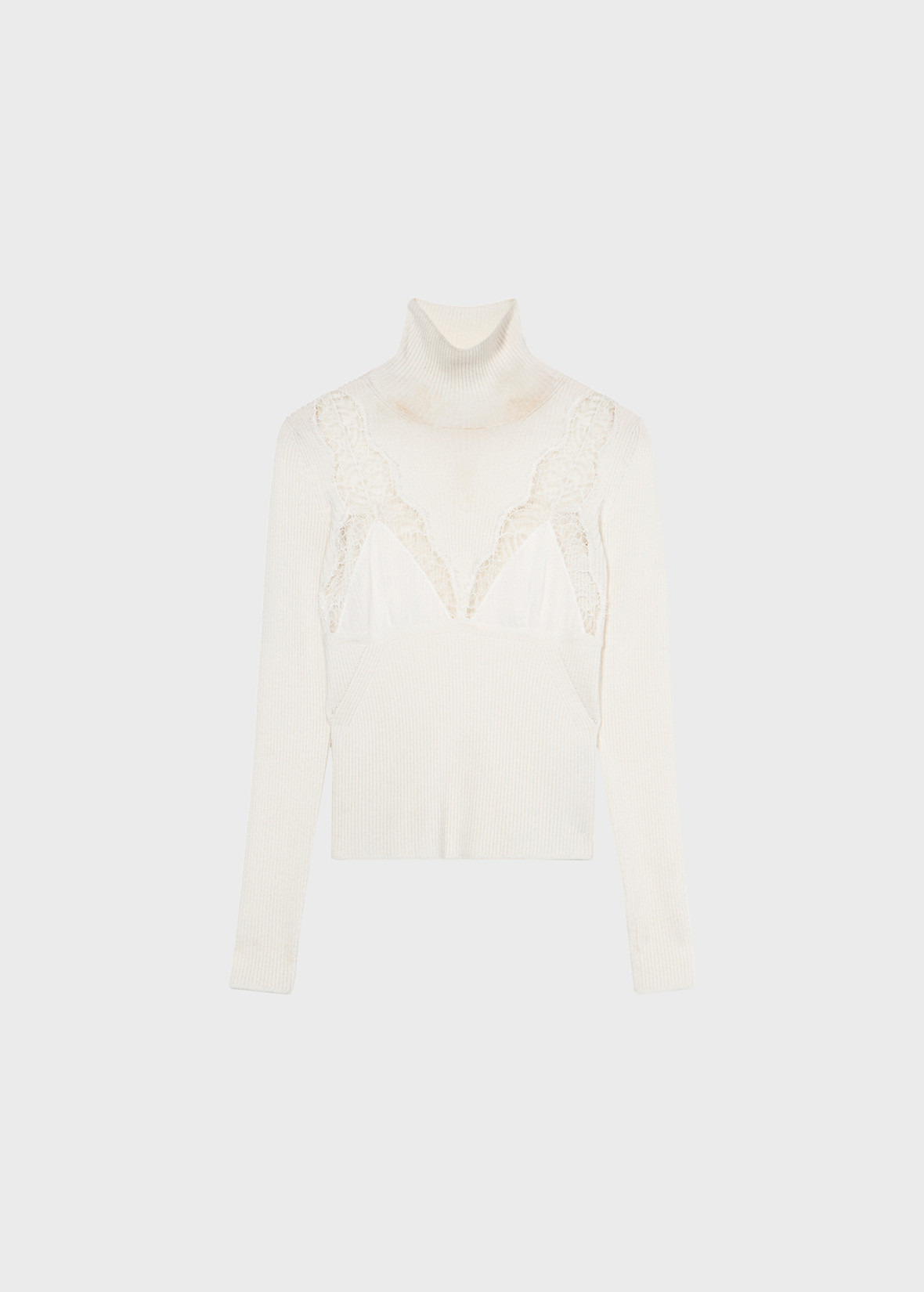 STRETCH RIBBED SWEATER WITH LACE AND SATIN INSERTS - 1