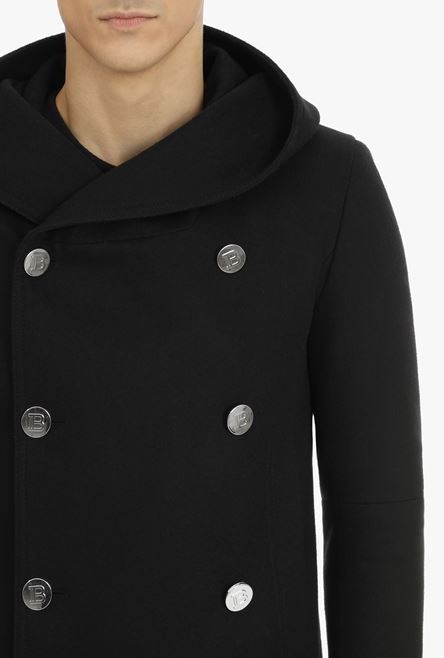 Black wool hooded pea coat with double-breasted silver-tone buttoned fastening - 8