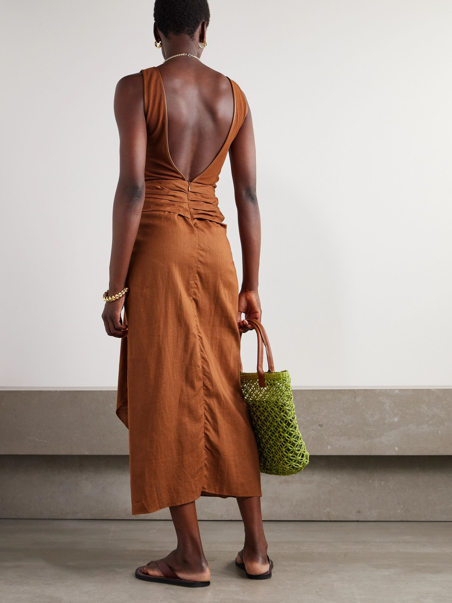 Encanto Pacifico asymmetric linen and ribbed-knit dress Camel - 3