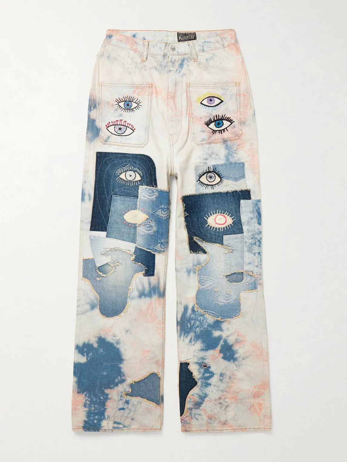 Slim-Fit Patchwork Embroidered Tie-Dyed Jeans - 1