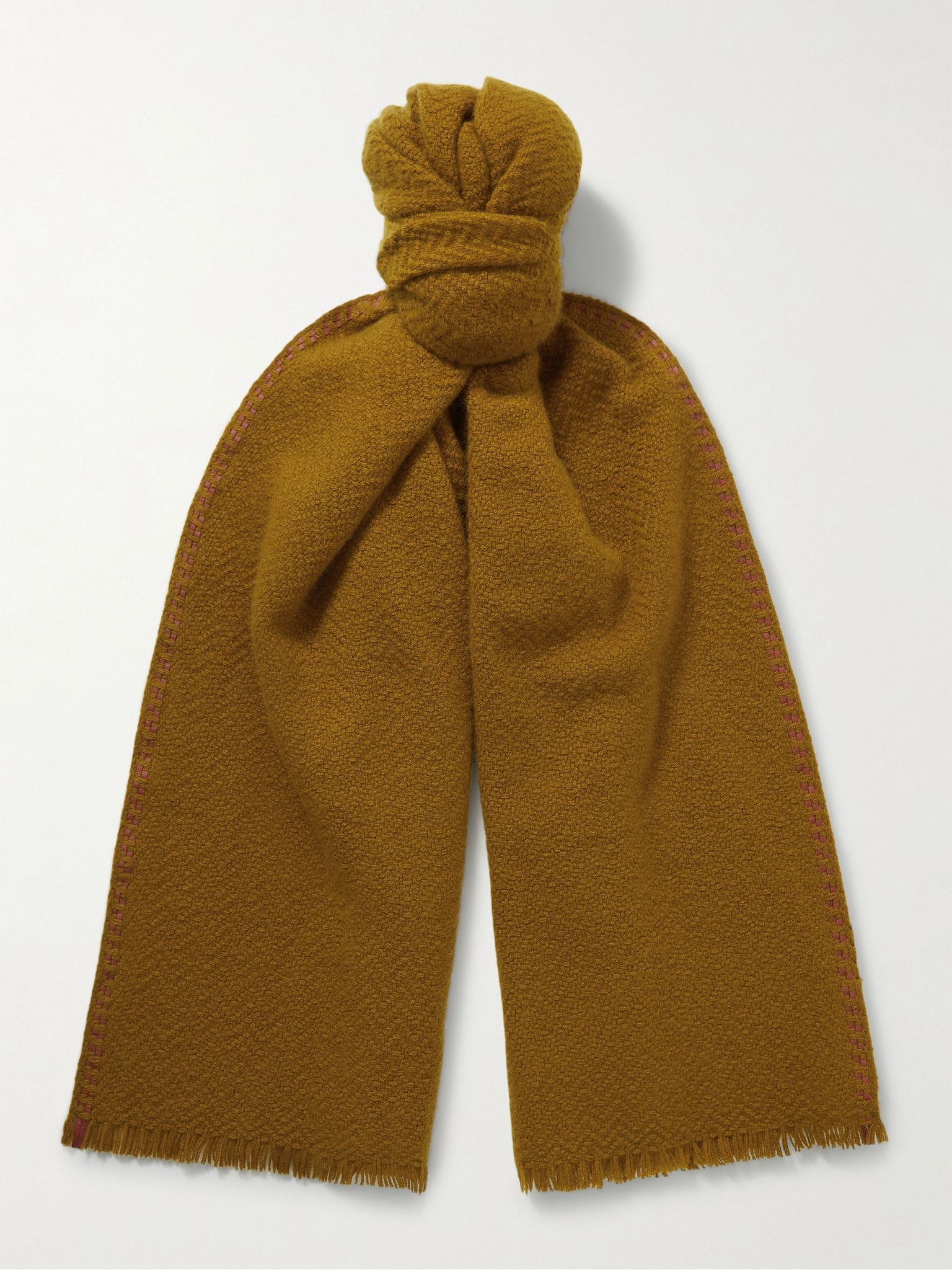 Leather-Trimmed Fringed Herringbone Baby Cashmere Scarf Camel - 1