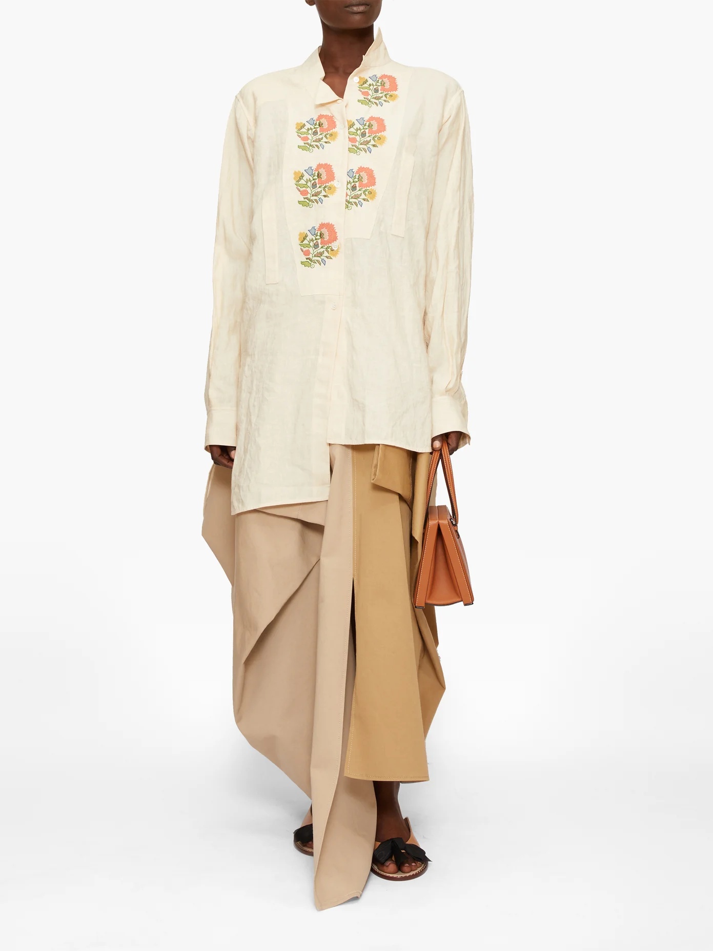 Asymmetric floral cross-stitch linen shirt - 2