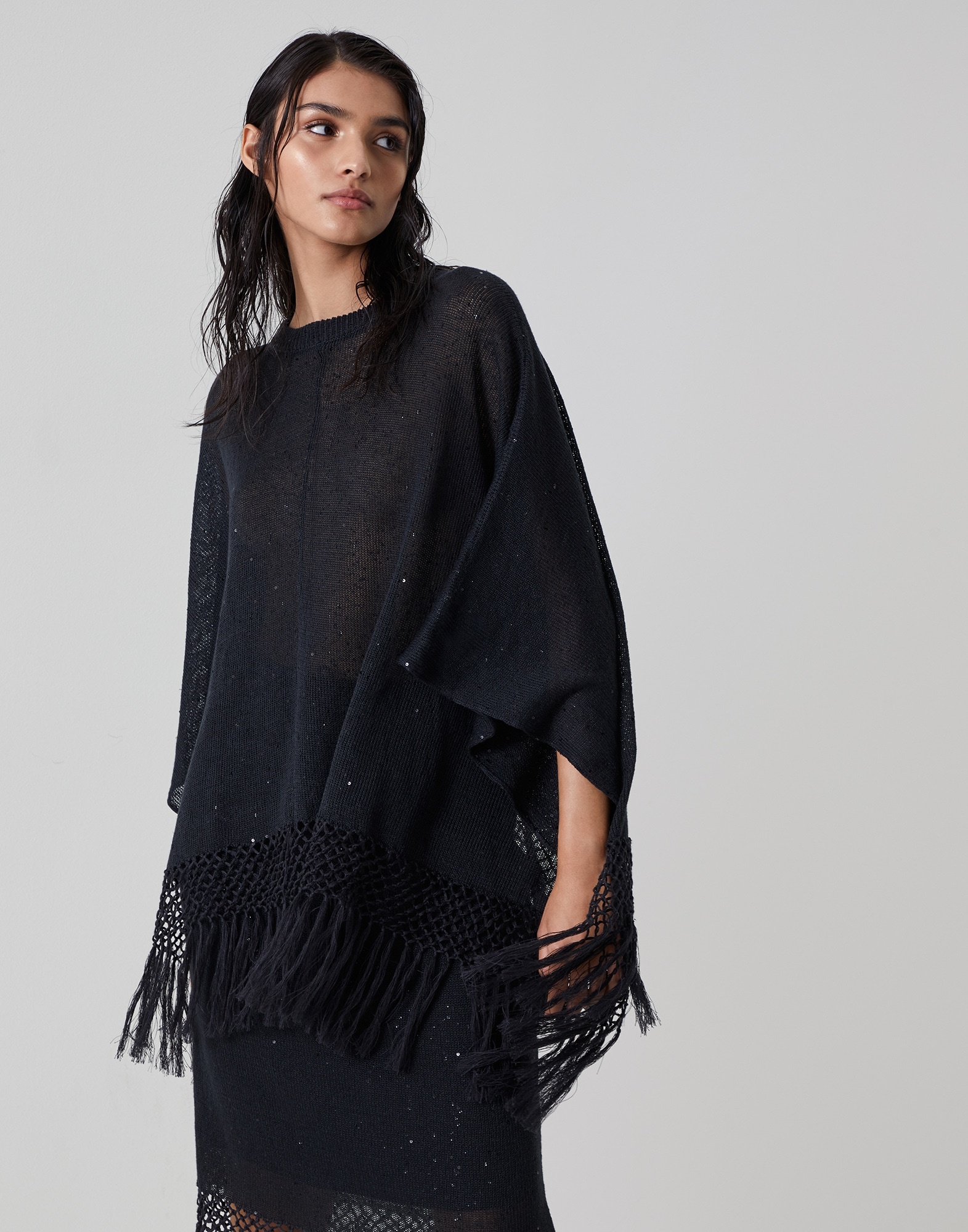 Brunello Cucinelli Linen and silk diamond yarn knit poncho