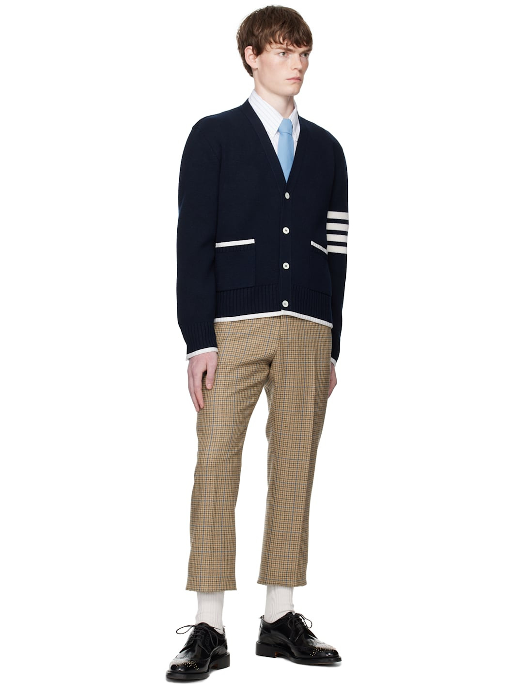 Navy Milano Stitch Merino Wool 4-Bar V-Neck Cardigan - 4