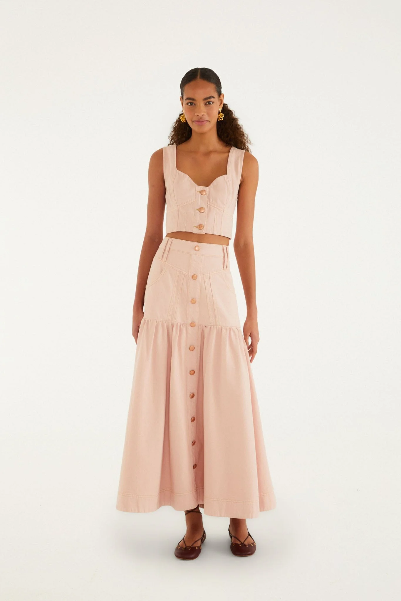 Light Pink Bisne Buttoned Twill Midi Skirt - 1