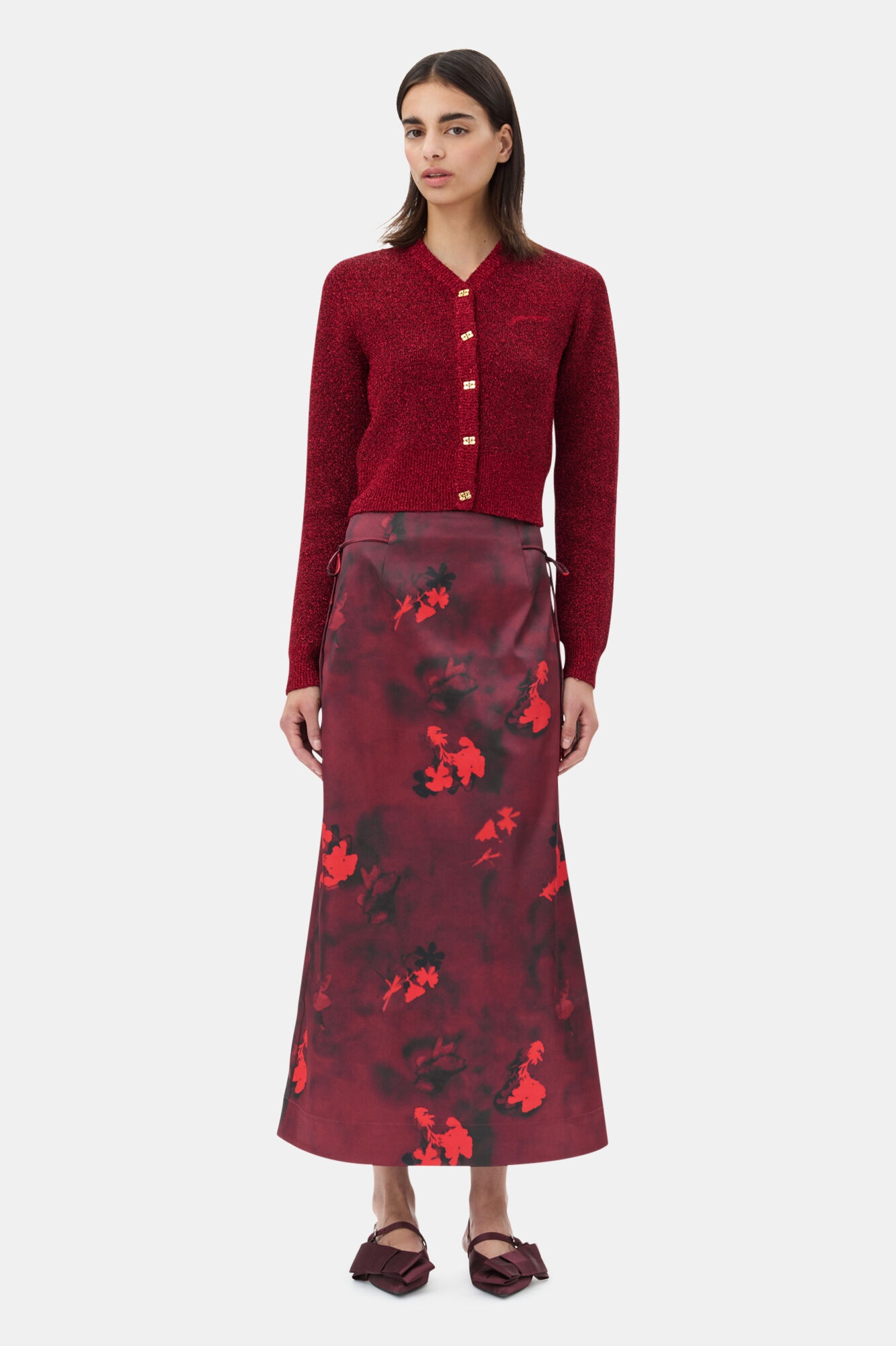 RED PRINTED SATIN MAXI SKIRT - 2