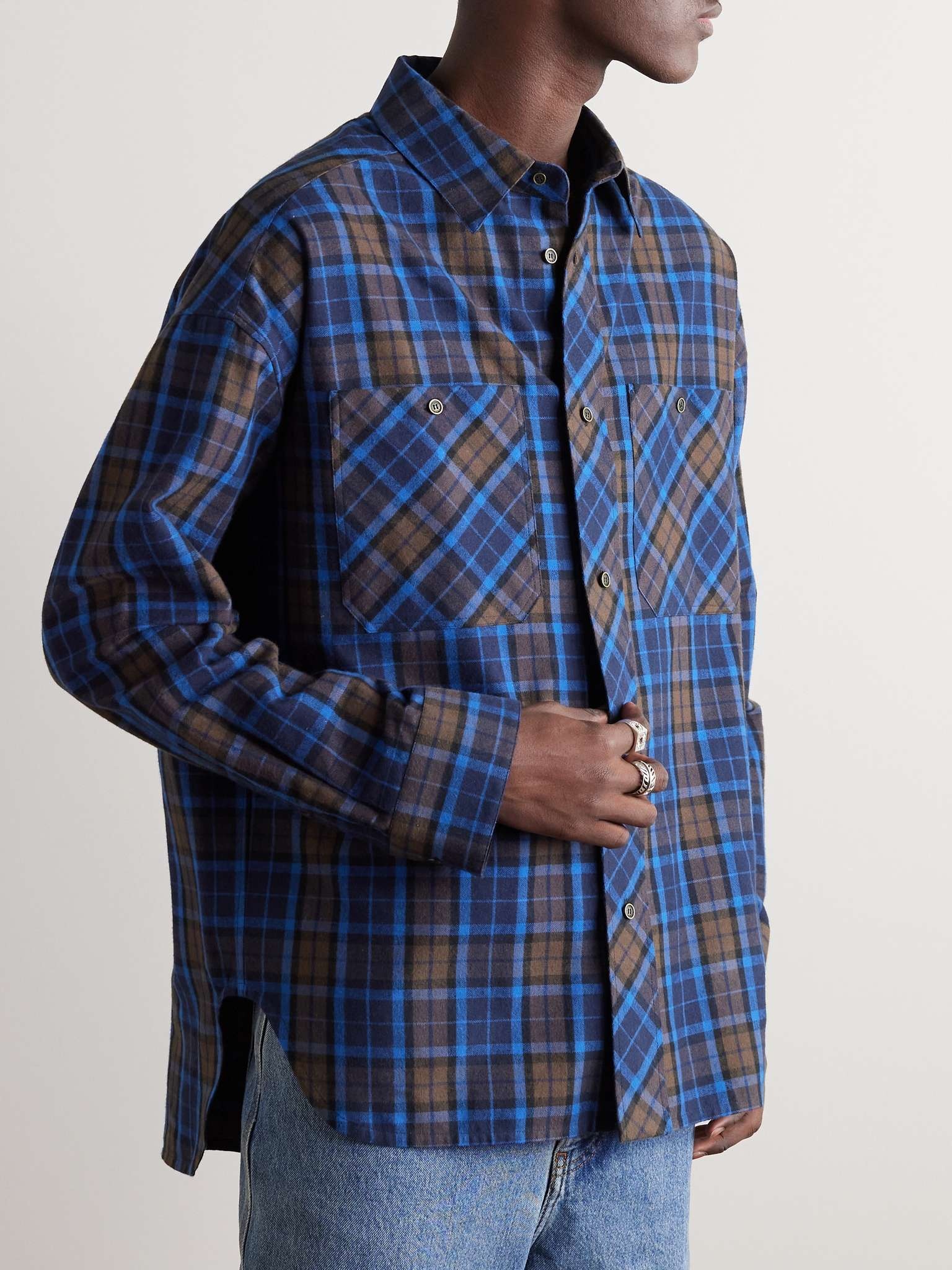 Leather-Trimmed Checked Cotton-Flannel Shirt - 3