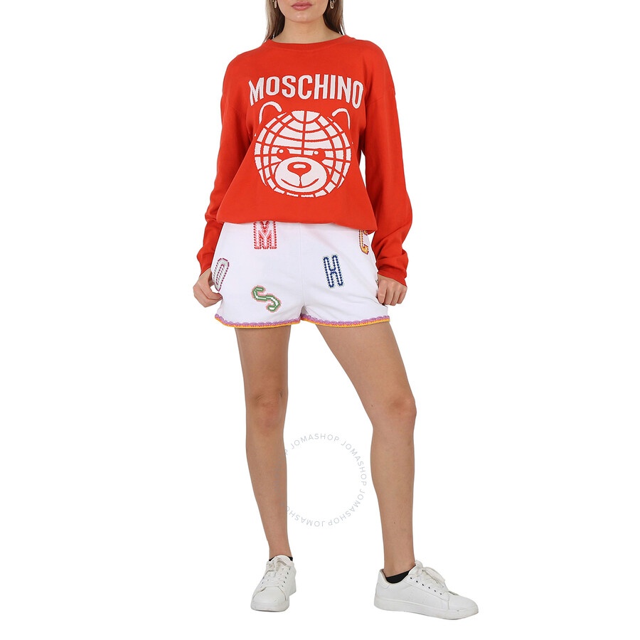 Moschino Ladies Fantasy Print White Logo-Embroidered Lace-Trim Shorts - 6