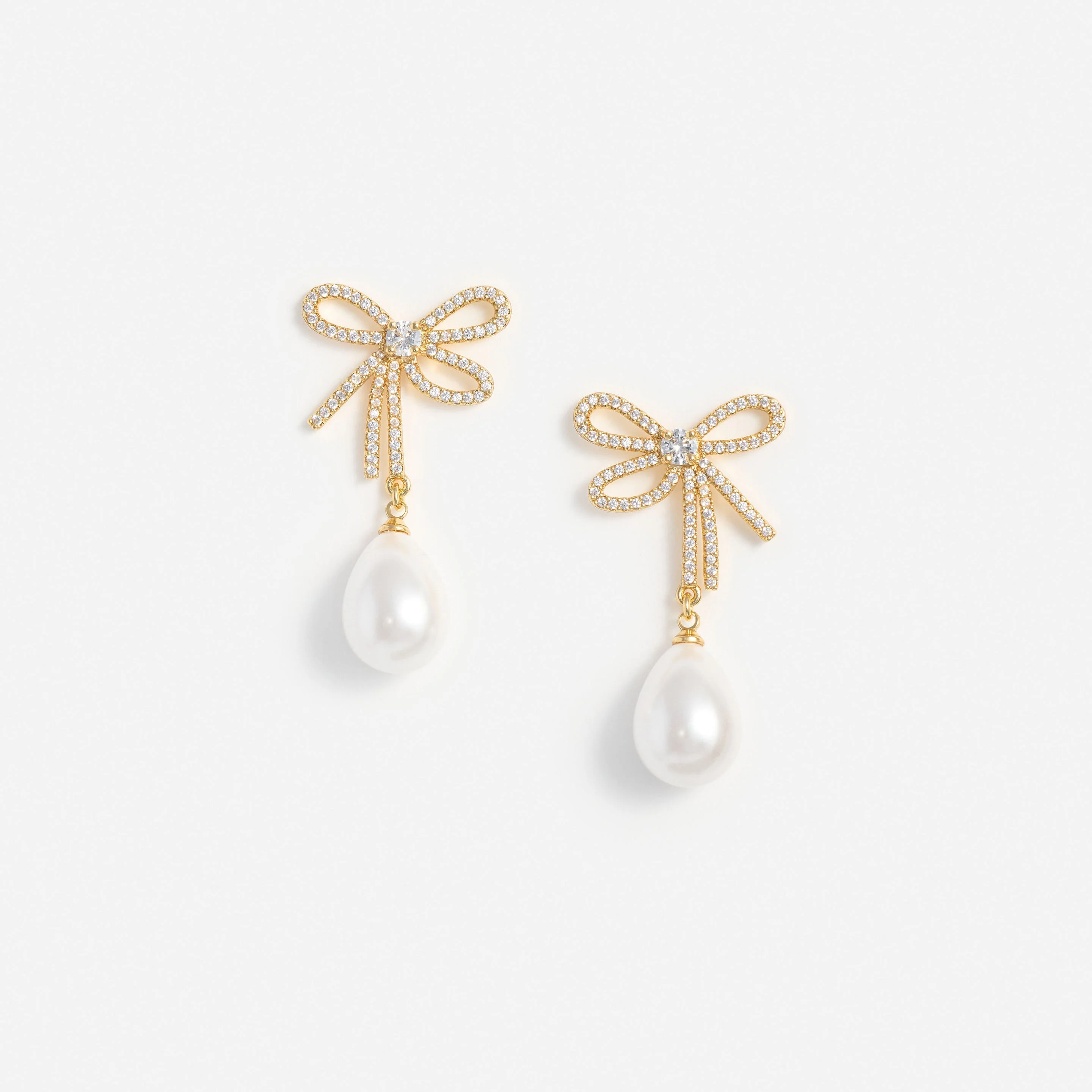 Gold Textured Bow Pearl Earrings - 1